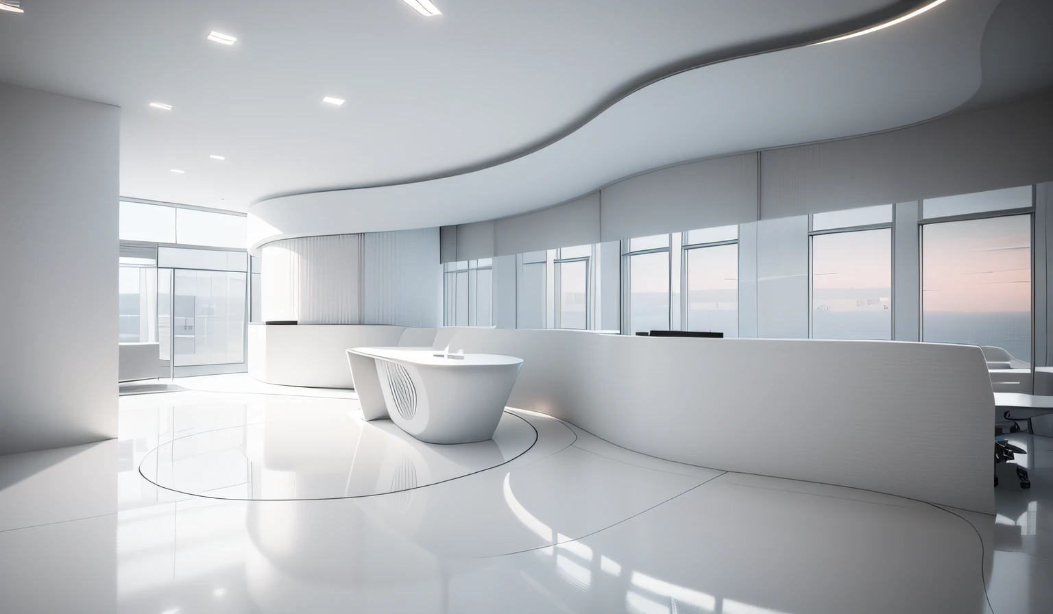 a white reception table with a curved design in a large lobby, lighting turn on in ceiling , back ground is ( perfect ) minimalist white wall ( lighting realistic, see throung office workspace), by Zha Shibiao, minimalist interior, cinematic, details , interior design, great design, white design