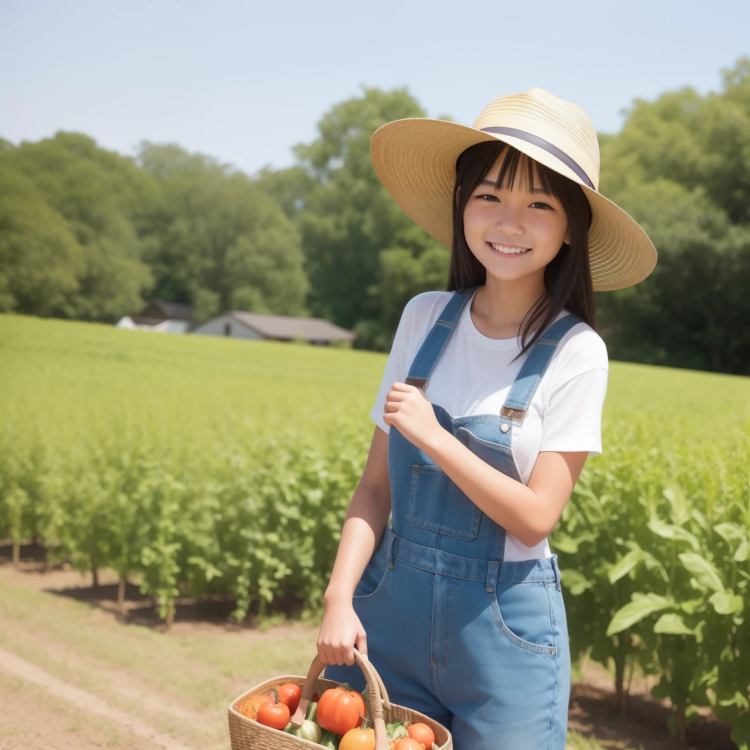 country girl,proudly,Laugh,Harvesting vegetables,Japanese face,Cute,Teenage,a straw fedora hat,Plaid shirt,overalls