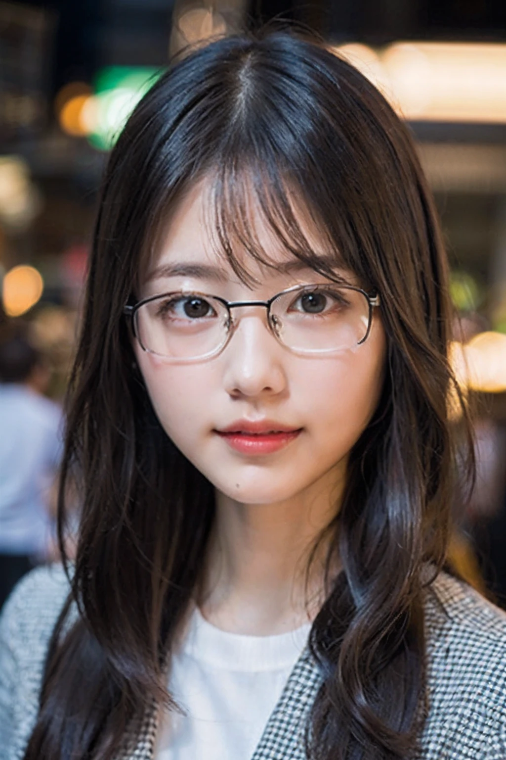 (8K、Raw photography、top-quality、masterpiece:1.2)、(realisitic、Photorealsitic:1.37)、ultra-detailliert、超A high resolution、1人、see the beholder、beautifull detailed face、A smile、Constriction、(Slim waist) :1.3)、Light blue autumn clothes、Beautiful detailed skin、Skin Texture、Floating hair、((The long-haired))、Professional Lighting、In front of the station at noon、((Black square glasses ))、Whole human body、Brown hair