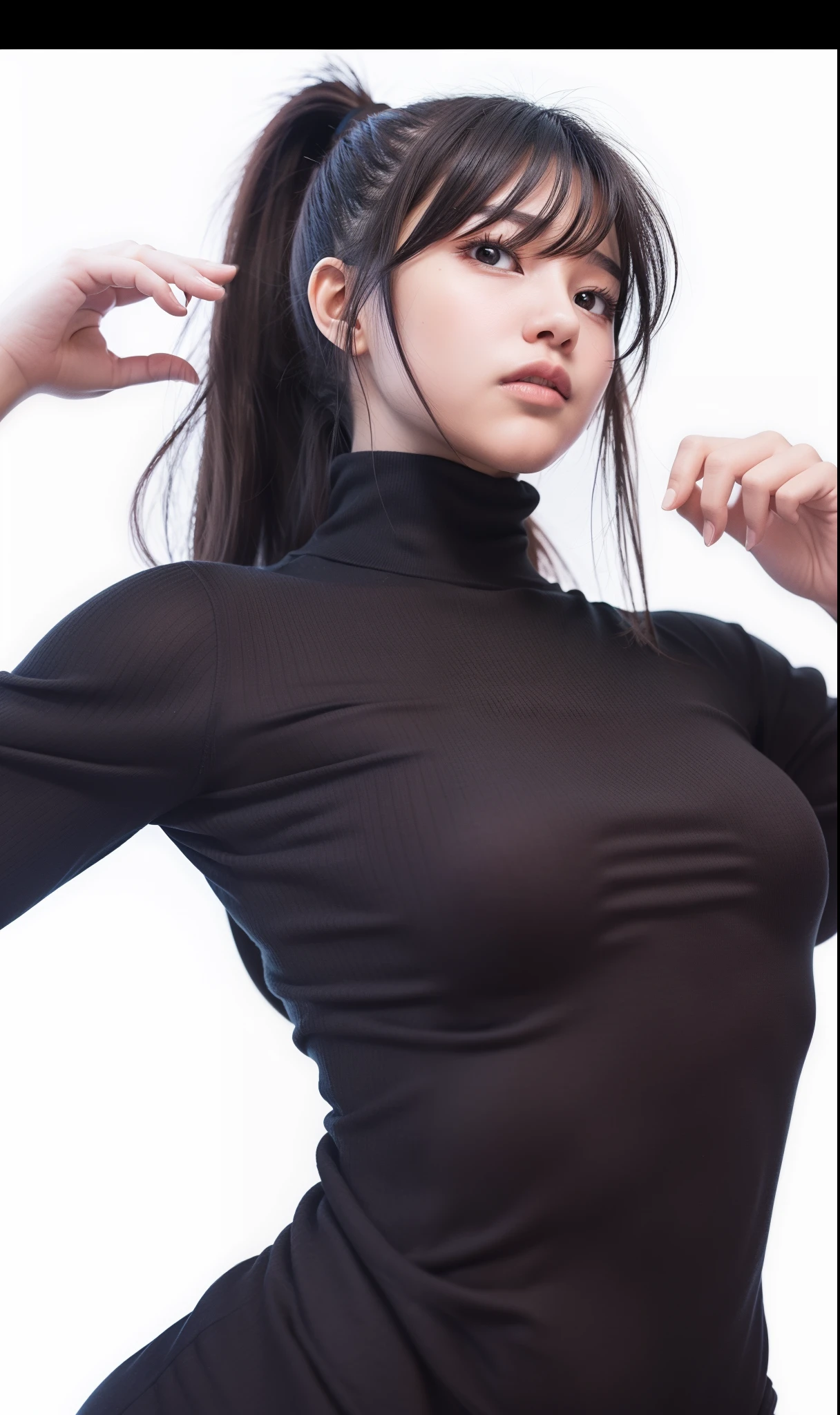 1 Girl, Cool expression, Black hair, long hair, ponytail, beautiful body curves, black long sleeves, ultra detailed, realistic