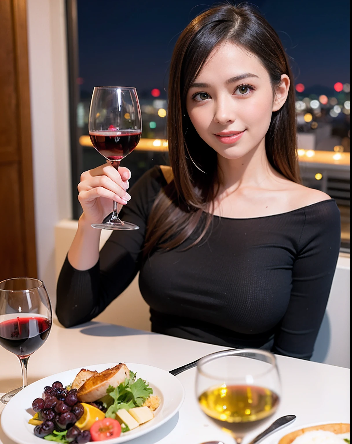 (64K, UHD, top quality, masterpiece: 1.2), (realistic, photorealistic: 1.37), super detailed, pretty woman 1 person, (slim face), (slim body), (brown hair), (short cut), cheeks slightly blushing, (44 years old), 38 years old, solo, beautiful detailed urban night view outside the window, restaurant, wine glasses sit, at night, in a prominent placeNovaFrogStyle, Actress, Model, Waist Up, White Wine, Slim, Wine Glass, Super Clean Night View, Wine Glass Put in the Middle, Happy Smile, (Smile: 1.15), Beautiful Fine Eyes, Upper Body, Bust Japan Up, Night, Short, Short, Actress, Model, Waist Up, White Wine, Slim, Wine Glass, Super Clean Night View, Wine Glass Put in the Middle, Happy Smile,