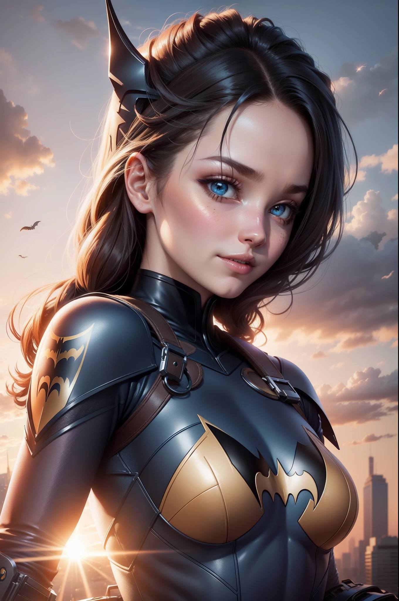 tmasterpiece, beste-Qualit, filmstill, 1 Batgirl, The Girl from the Clouds, soaring in the sky, a closeup of a, The vibrant, a happy, warm soft lighting, Sundown, (sparks: 0,7) Mechanical suit