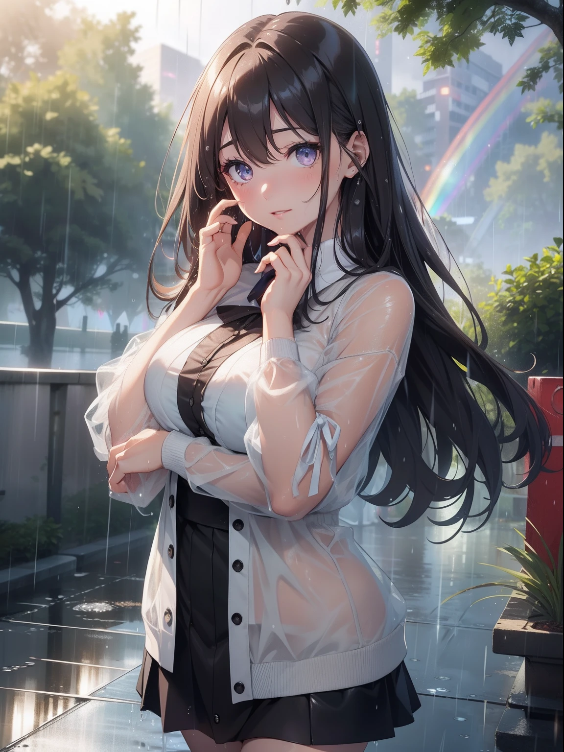 masutepiece, High resolution, 8K, anime woman, Delicate and detailed writing 、Detailed digital illustration、Very long hair and shiny、Bangs、a very beautiful woman、Eyes are double, Large, Bust is D cup、High image quality, High quality、Detailed background、Wearing a student uniform、early evening、rain is falling、Rain-soaked hair、Uniform wet in the rain、The inside of the eye shines like a diamond、Gray gradient pupil、4 fingers, 1 thumb、Detailed female face、I'm embarrassed、Very beautiful and cute woman、、细致背景、masterpiece、Soft Focus , Bright gradient watercolor , Lens Flare , Glitter , Glow , Dreamy , light brown hair、Wet in the rain, clothes that cling to one's body、(Pale black bra shows through)、((Heavy rain background))、Beautiful water background、a miniskirt、Nothing at hand、Cover your face with your hands in embarrassment、with blush cheeks、(((Beautiful rainbow on background)))