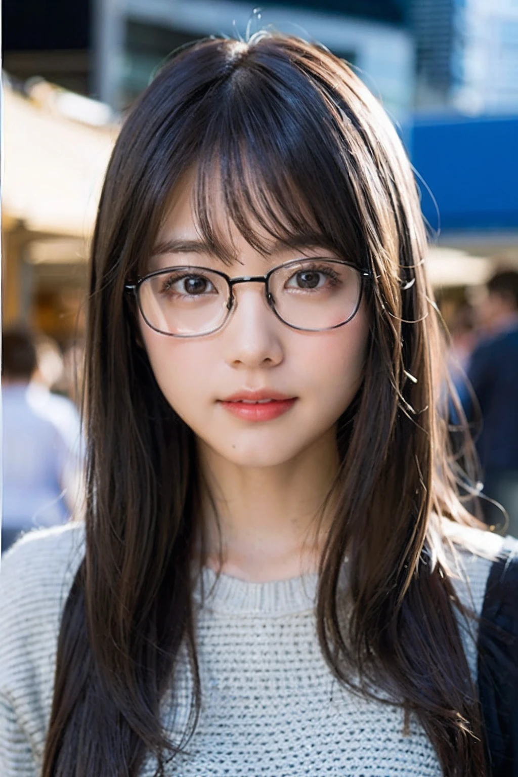 (8K、Raw photography、top-quality、masterpiece:1.2)、(realisitic、Photorealsitic:1.37)、ultra-detailliert、超A high resolution、女の子1人、see the beholder、beautifull detailed face、A smile、Constriction、(Slim waist) :1.3)、Light blue autumn clothes、Beautiful detailed skin、Skin Texture、Floating hair、((The long-haired))、Professional Lighting、In front of the station at noon、((Black square glasses ))、Whole human body、Brown hair