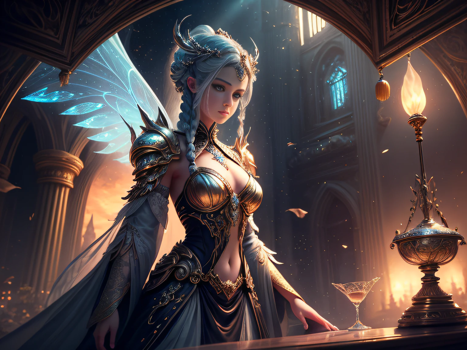 ((Masterpiece)), (Ultra-detailed), (Intricate details), (High resolution CGI artwork 8k) Create a funny full-body artwork of white-skinned celestials. The fairy should be Chinese，Exquisite and mysterious，，The dark braids dissolve into bright stars， Pay close attention to the details of your face，For example, captivating eyes with realistic shadows. The color palette of the artwork should be based on fairy tale fantasy,Cyberpunk, Futuristic, Mythological fantasy, and high fantasy of saturated colors. The image should have fantastic features, Ethereal atmosphere，Sparkling details and tulle details. The background should be interesting but subtle, Standing at the intersection of a beautiful town，It shows the scene of luxury，camera: Prioritize compelling dynamic combinations. lighting: Atmospheric and volumetric lighting and dynamic lighting are utilized to emphasize the awesome atmosphere of the image. Choose an angle that highlights the beauty of the characters and enhances the magical majesty of the artwork. Consider popular trends in fantasy images，For example, images from ArtStation and Midjourney。. Resolution: Aim for high-resolution artwork，to showcase intricate detail and clarity.