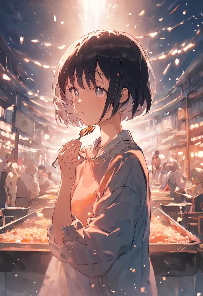 Young woman with short hair Japan、Eating rice with a spoon、slender、tshirts、