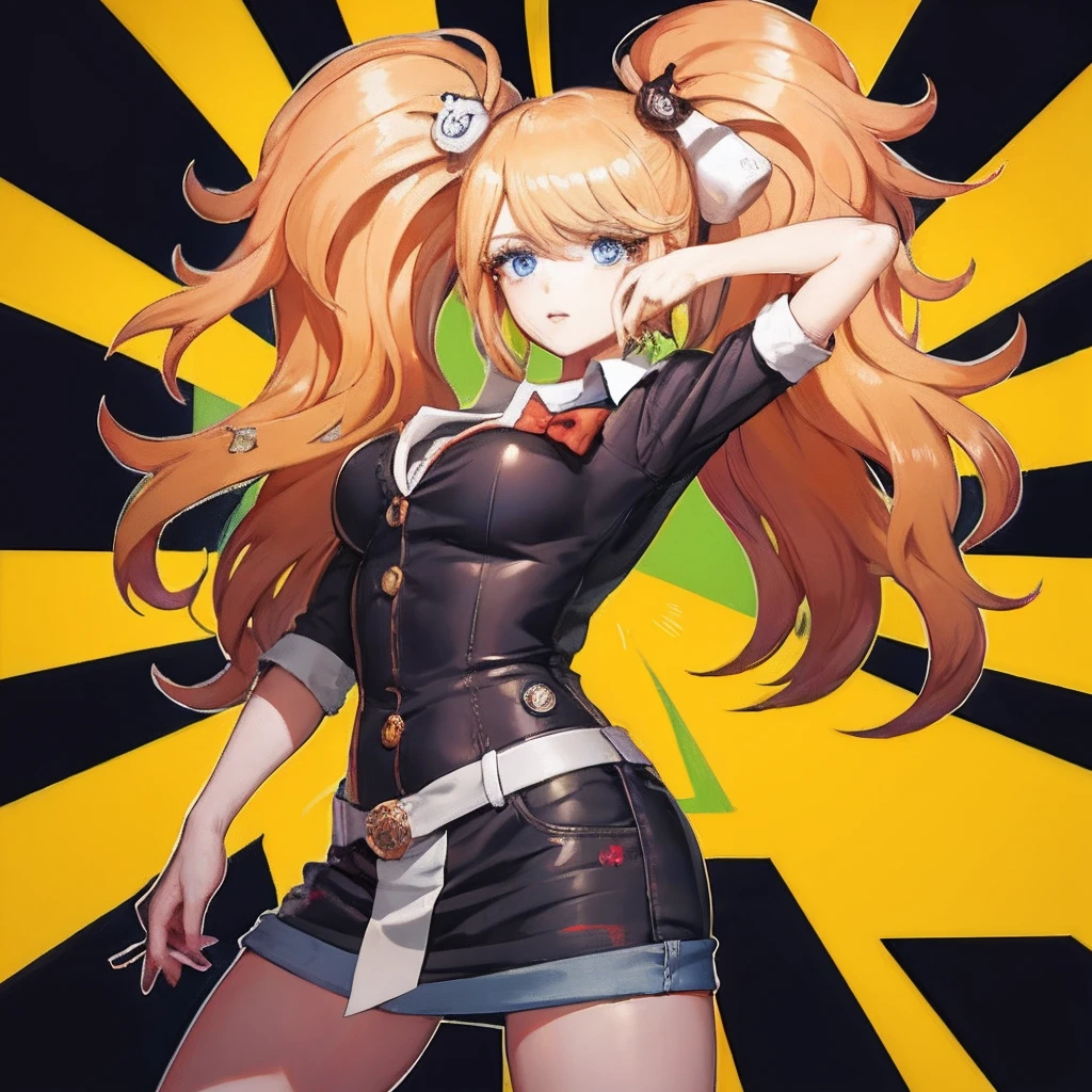 One Woman, 独奏, (twitch emote:1), Chibi, blond hair, blue eyes, , comic strip, departamento otaku backgrounid, a sticker, Thick black outline,Denim dresses、Black blouse、Orange hair、、blond haired、Denim Long Skirt hutao,  audifonos gamer con microfono, fente a ella un teclado con raton y un cojin para el raton