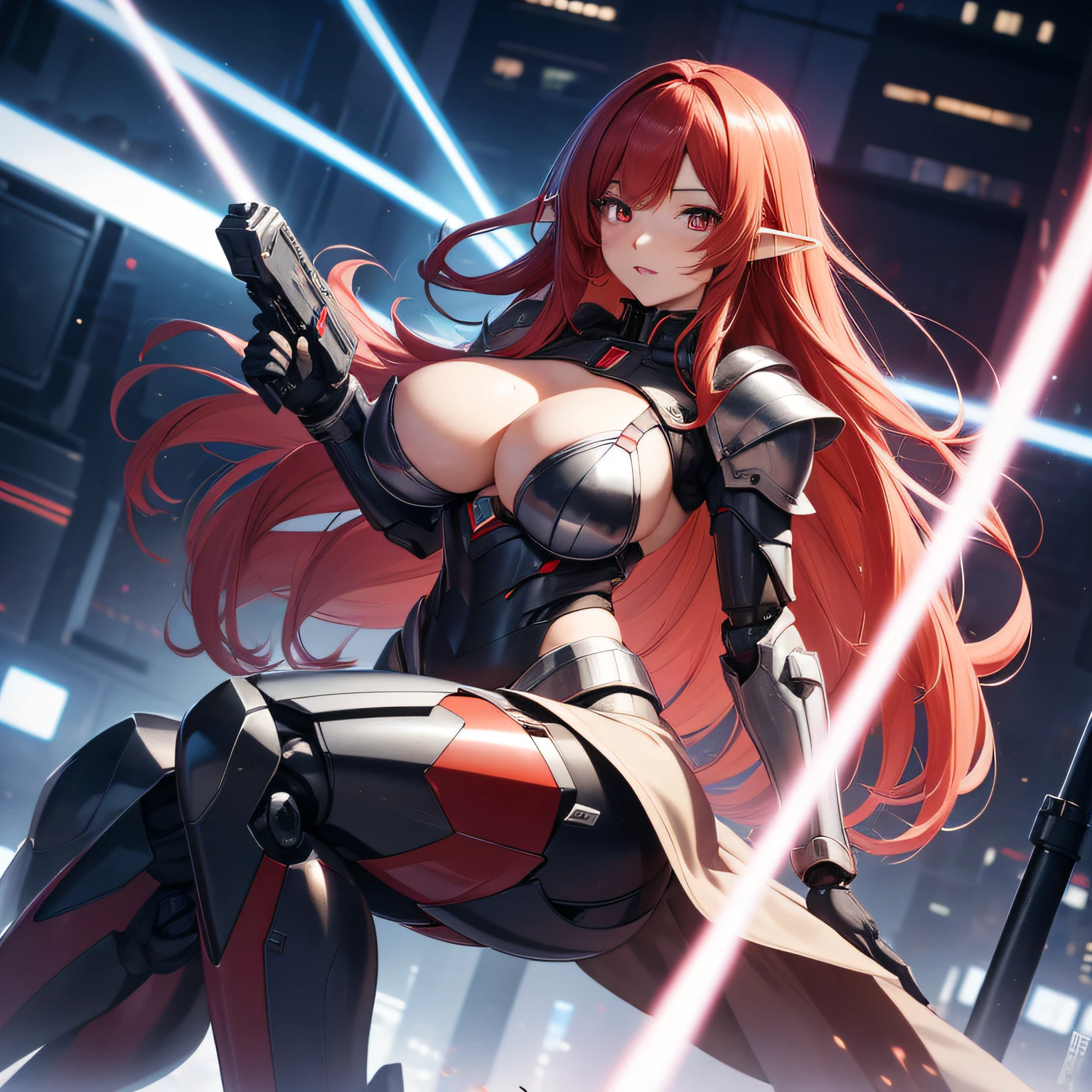 super high image, super detail, super high resolution, anime, manga, illustration,(full body image), Japanese beautiful elf, blazing red hair, sparkling shocking blood red big eyes, red alluring moist thick lips, ecstatic expression, amorous expression, seductive look, ((massive breasts)), (under boob), (side boob), abs, great proportion, perfect proportion, slender, full body, knight armor, (background Sci-fy city), professional lighting, (power armor), (cybernetic armor), (mecha armor), (holding gun), (hour glass body type)