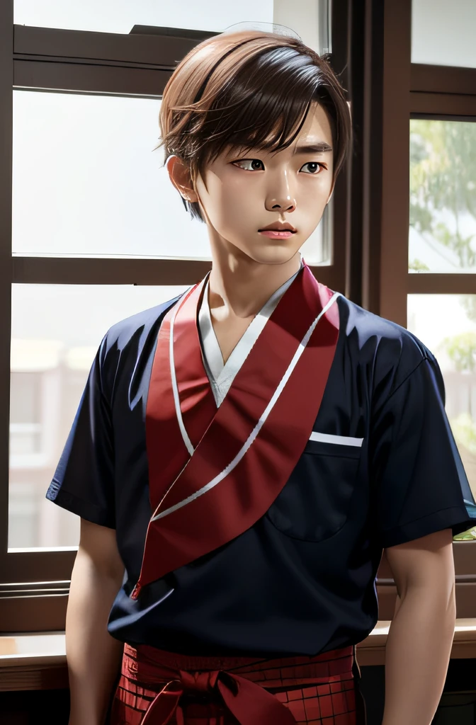校服, red neckchief, Libido boy, Listen calmly and attentively in the classroom。