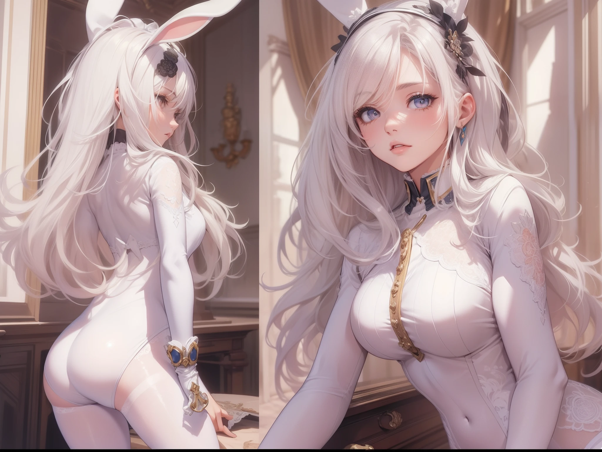 ((Masterpiece, Highest quality)), Detailed face, CharacterDesignSheet, full bodyesbian, Full of details, Multiple poses and expressions, Highly detailed, Depth, Many parts,beuaty girl,lacepantyhose, High Balance, Natural light, Wear a white rabbit suit,Hairy clouds