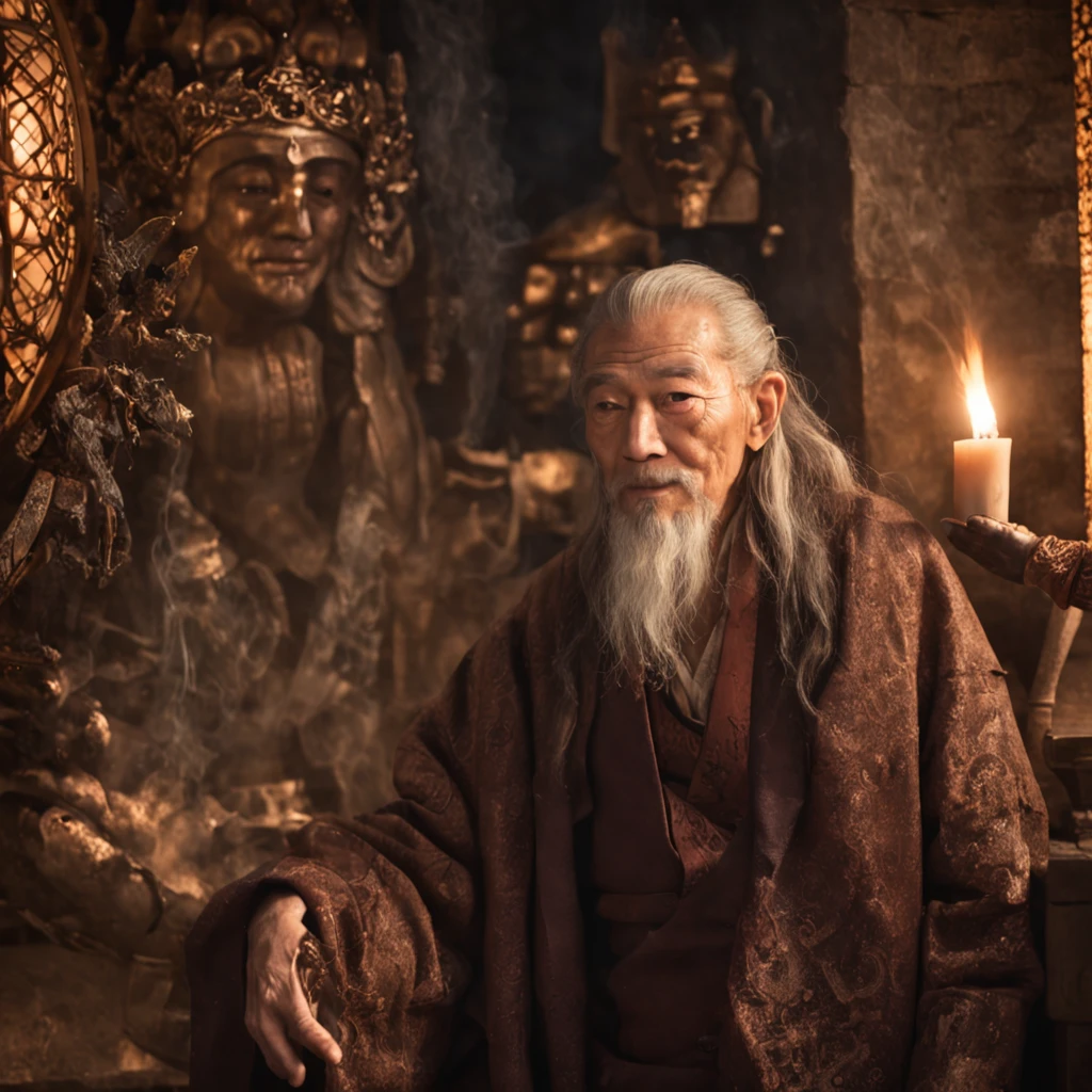 In an old palace,The old man who instructs the alchemist who cultivates the mysterious art of the danzitou,With a smile on his face。With him was a scruffy ager with long hair,Their deep pupils shone with a river of stars。On the walls of the palace hangs an intoxicating painting,The painting shows a flame burning in a furnace,The painting depicts a mysterious hand holding a furnace。They present the pleasures of steampunk style and Cybertron art。