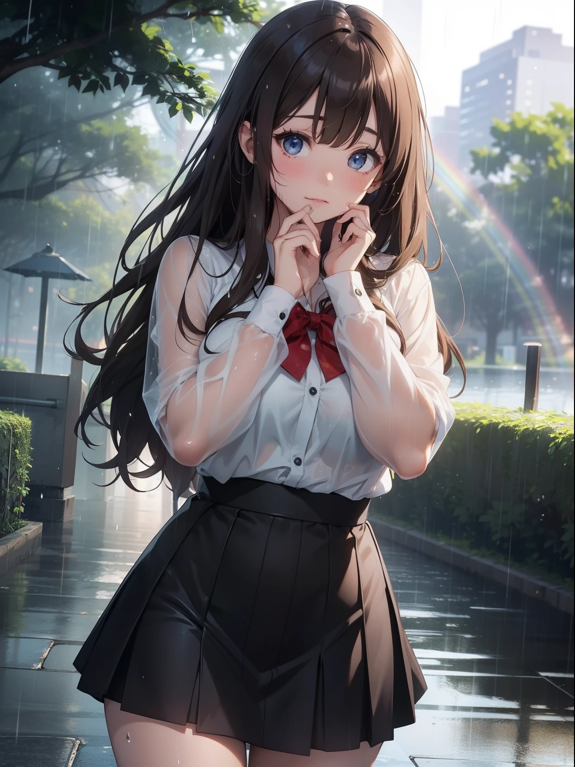 masutepiece, High resolution, 8K, anime woman, Delicate and detailed writing 、Detailed digital illustration、Very long hair and shiny、Bangs、a very beautiful woman、Eyes are double, Large, Bust is D cup、High image quality, High quality、Detailed background、Wearing a student uniform、early evening、rain is falling、Rain-soaked hair、Uniform wet in the rain、The inside of the eye shines like a diamond、Gray gradient pupil、4 fingers, 1 thumb、Detailed female face、I'm embarrassed、Very beautiful and cute woman、、细致背景、​masterpiece、Soft Focus , Bright gradient watercolor , Lens Flare , Glitter , Glow , Dreamy , light brown hair、Wet in the rain, clothes that cling to one's body、(Pale black bra shows through)、((Heavy rain background))、Beautiful water background、a miniskirt、Nothing at hand、Cover your face with your hands in embarrassment、with blush cheeks、(((Beautiful rainbow on background)))