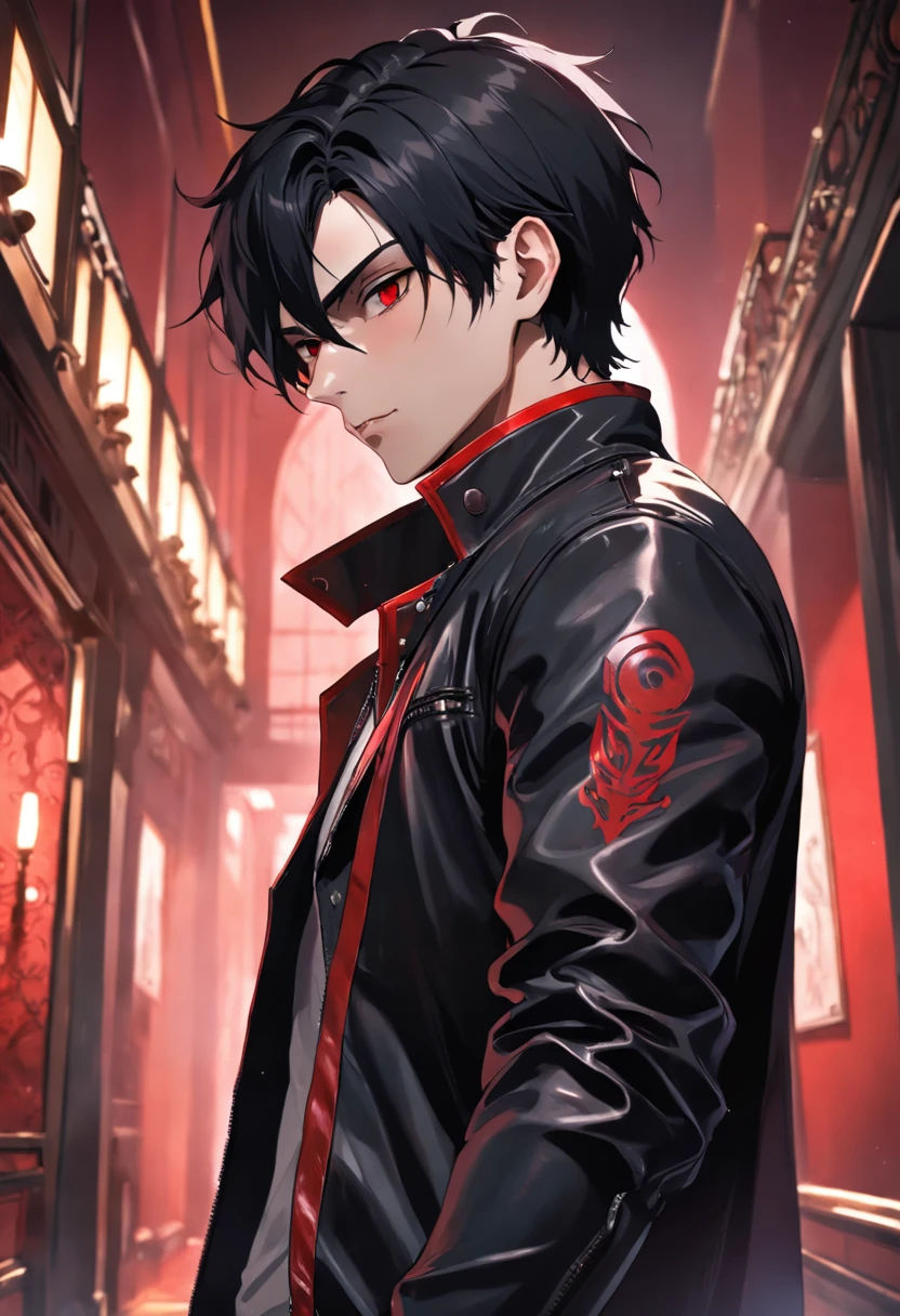 Beautiful, gorgeous, charming, charming male vampire. Strong chin, stubble, full lips,Stained with red paint,wearing the black leather jacket,Standing in the foyer of a beautiful hotel
