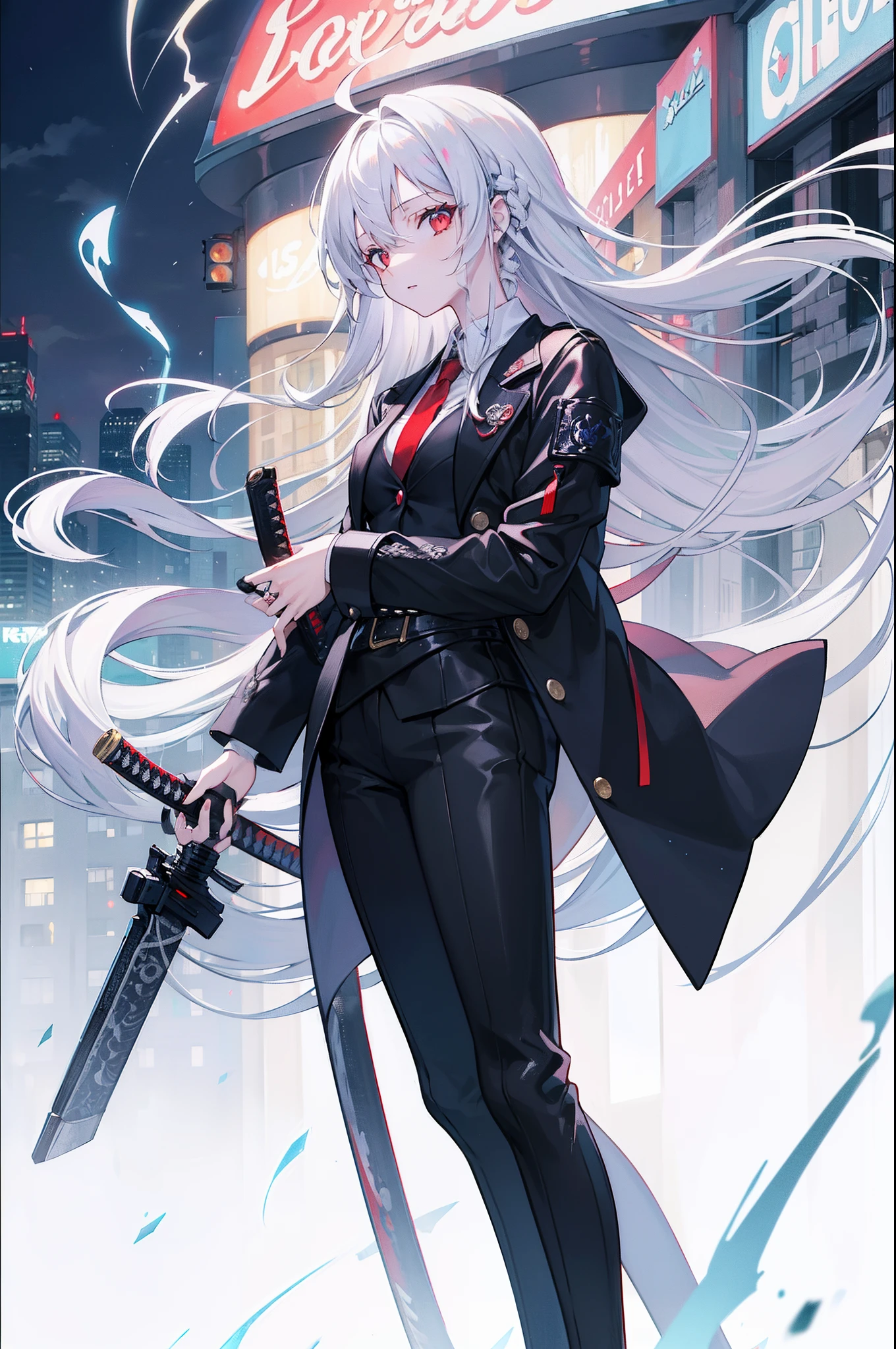 (masterpiece:1.5), highlydetailed, dark, intense shadows, in a city,1girl,bishoujo,stare,red eyes,beautiful detailed eyes,long hair,white hair,silver_hair,Wing-like bangs,Dull hair，ahoge,Hair rings,braid, cold,Full Length Shot(FLS), holding a katana, wearing a black suit, standing under a glowing neon sign, cigarette smoke in the air