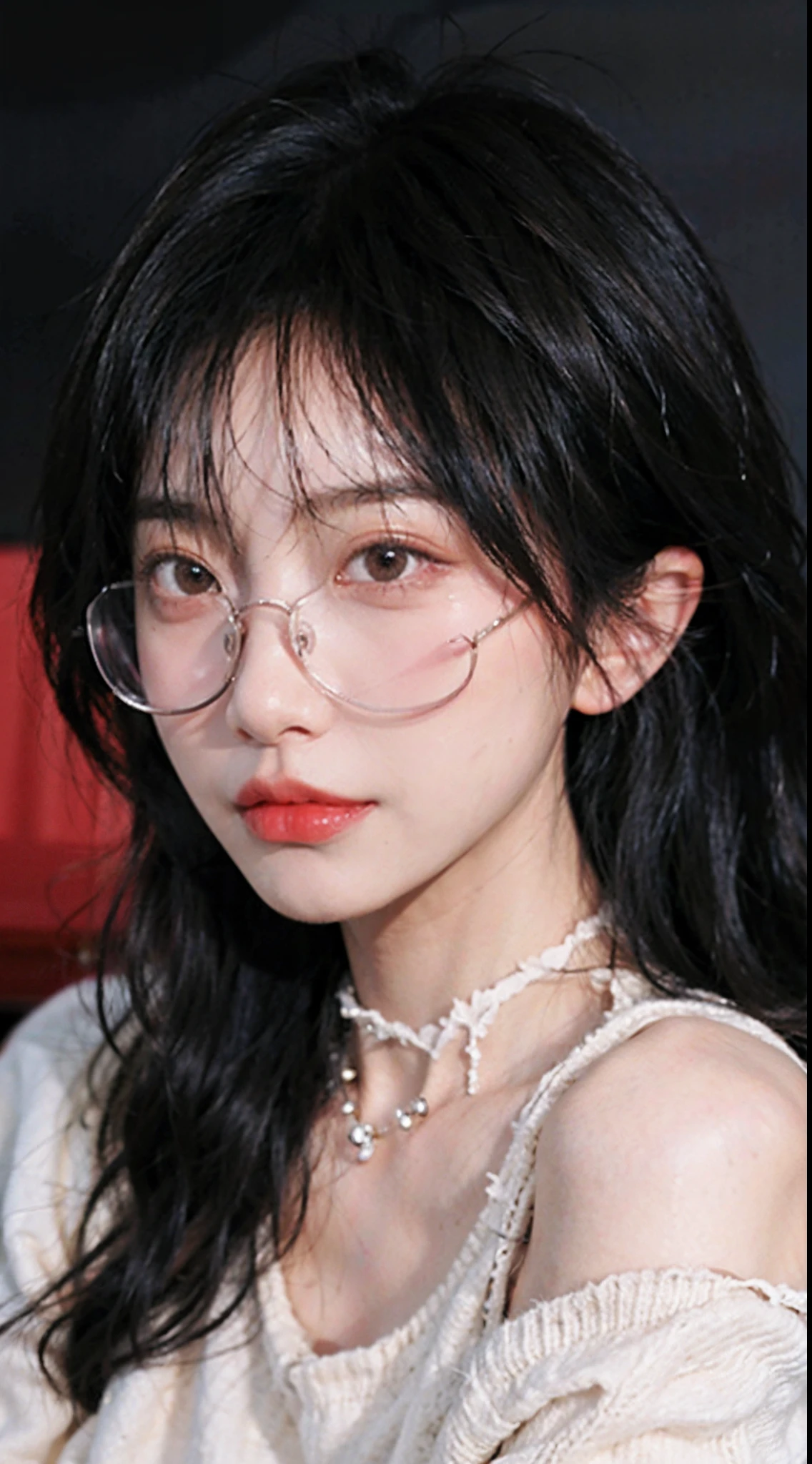 best qualtiy, 超高分辨率, (realisticlying:1.4),Wear regular glasses,Baoyu Girl,1girll, with long coiled hair,Blushlush,Looking into the distance,nedium breasts,Cropped red sweater,a sense of atmosphere,Beautiful woman with a slim figure:1.4, Pronounced abs,Ultra-fine face,Elaborate Eyes,二重まぶた,choker necklace