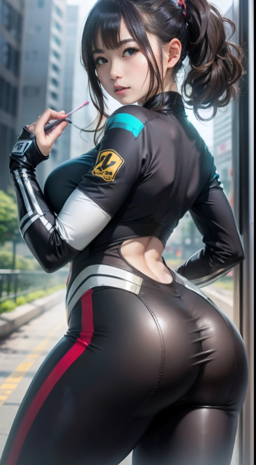 Racing Wear，城市，（Inspired by the Avengers），pony tails，One-piece unisex trousers，machine girl，Security level，Oversized ass，（8K，photo RAW，Fotorrealista：1，25），（Excessive lip gloss，Very many eyelashes，best qualityer，超高分辨率，depth of fields，color difference，Wide light，natural color，Distant pictures（1：2）