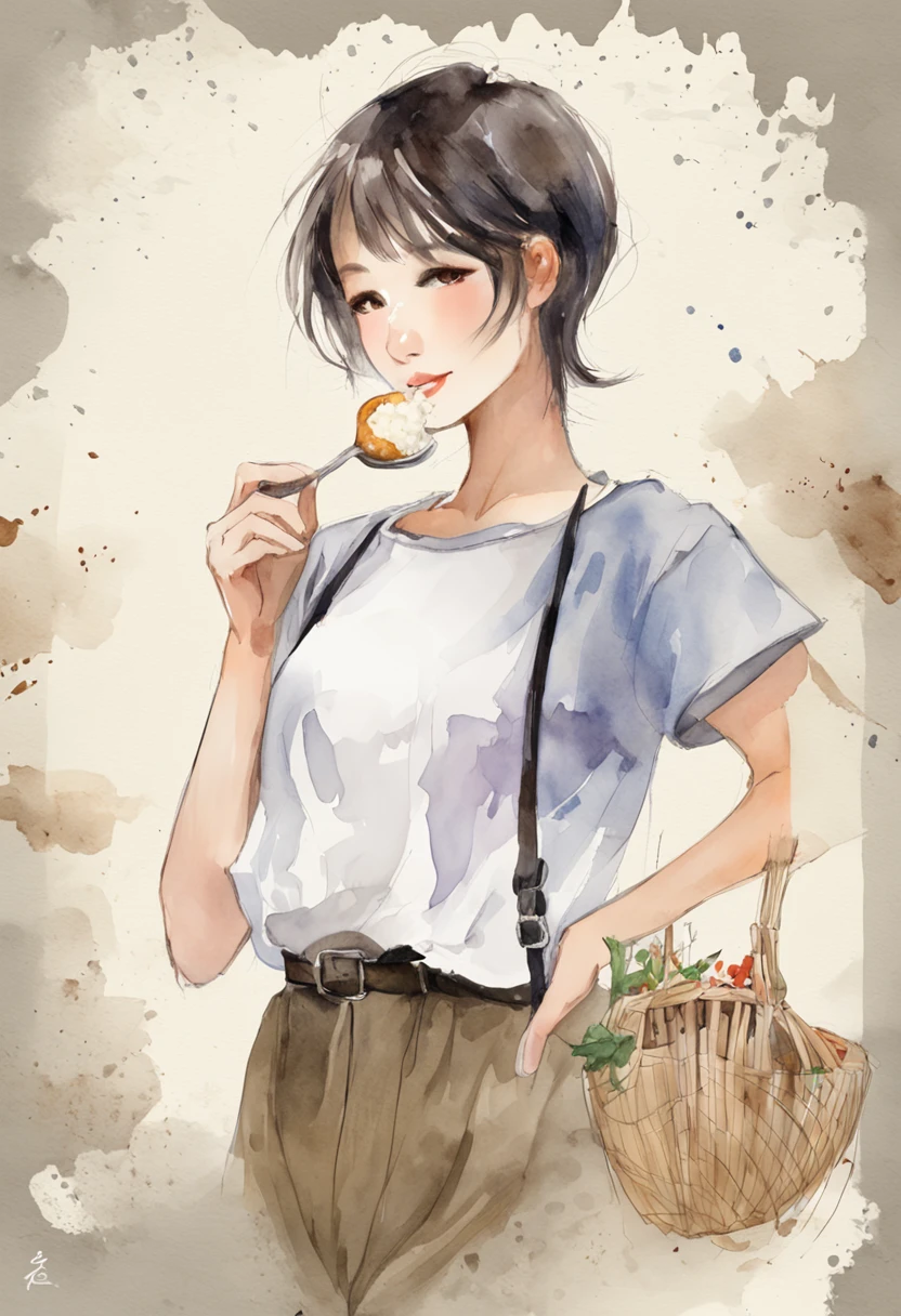Young woman with short hair Japan、Eating rice with a spoon、slender、tshirts、