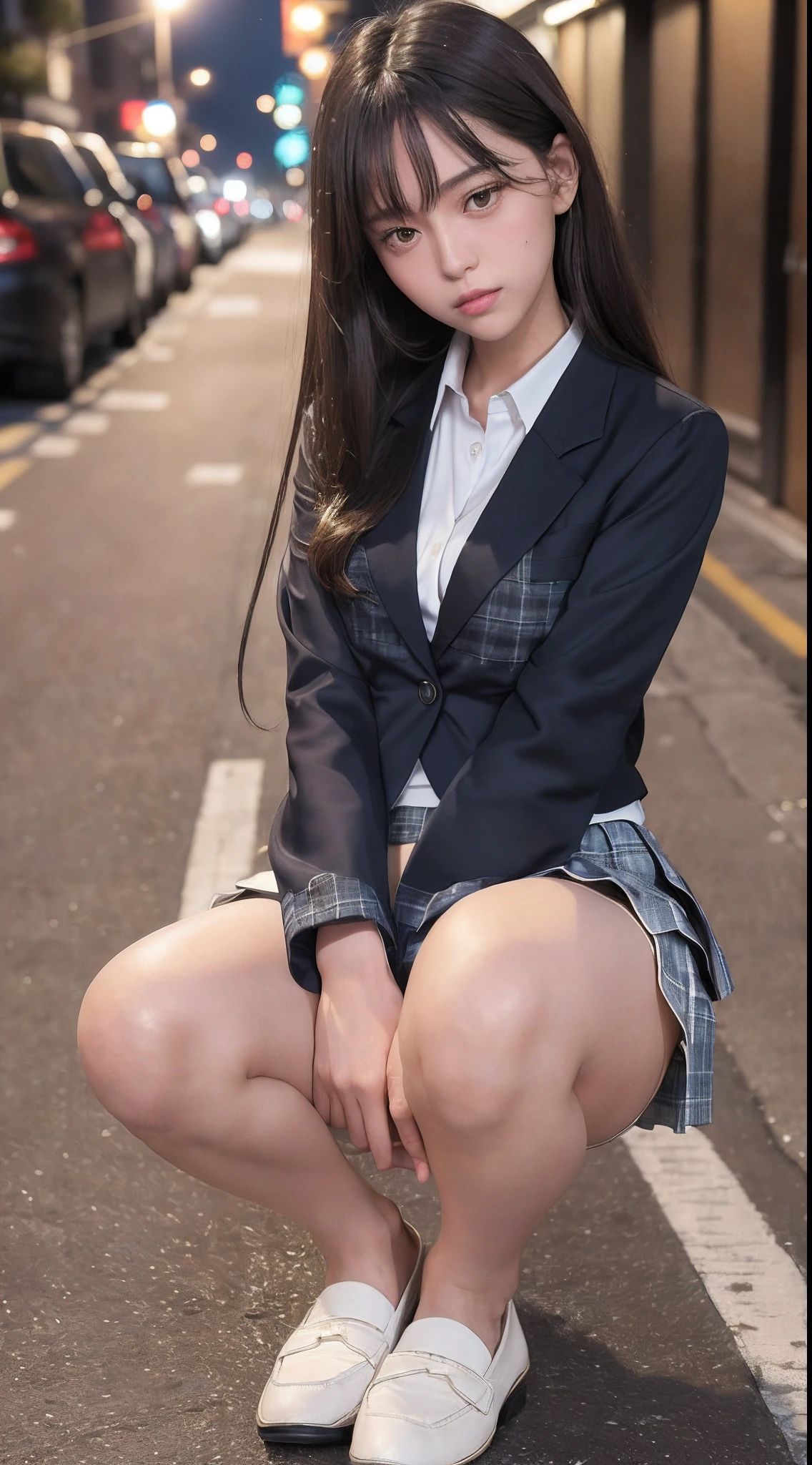 (8K、Raw photography、top-quality、masterpiece:1.2、realisitic、Photorealsitic、highcontrast、photon maping、photon maping、Photorealsitic、ultra-detailliert、profetional lighting、low angles:1.2)、(1 girl in)、(独奏:1.5)、(full body Esbian)、(Height is 165 cm)、(18-year-old schoolgirl)、(Shinjuku at night Japan)、(Sidewalk lined with shops)、(Japan high school uniform and designated shoes)、(Dark blue blazer:1.2)、(short plaid skirt:1.5)、(White shirt for students)、 (neck tie:0.6)、(Looking at the front and squatting with the crotch open)、(Uniform taken off to the shoulders、Fluttering chest、Exposed beige bra: 1.5)、(Skirt flipping)、(MCharacter opening leg)、(100 degree leg opening)、(crotch open:1.2)、(Light brown medium hair)、(see-through white panty:1.5)、(cammel toe)、(Black loafers:1.5)、(beauitful face:1.3)、(perfectly proportions:1.2)、(Long feet:1.2)、(small tits:1.3)、(Panties can be seen from under the skirt:1.3)、(woman's pubic area is clearly visible:1.4)、(Textured skin)
