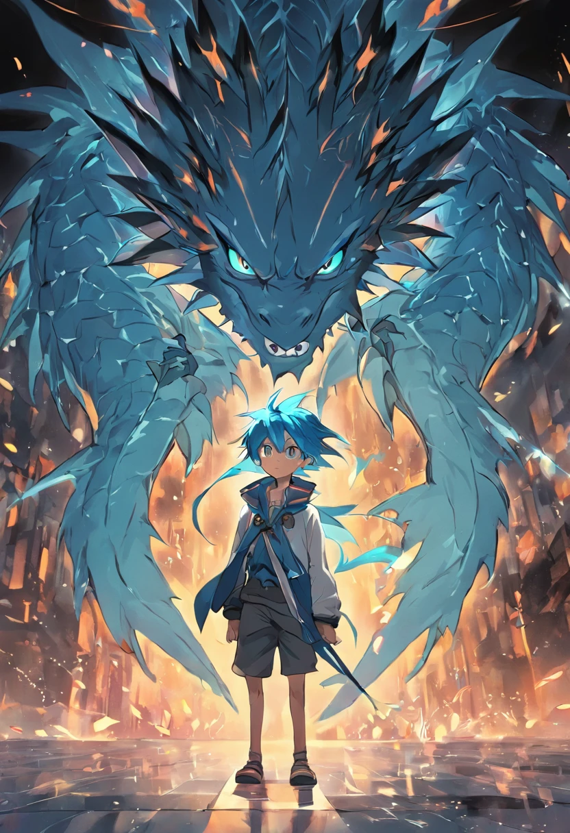 There is a cyan dragon behind the blue-haired boy