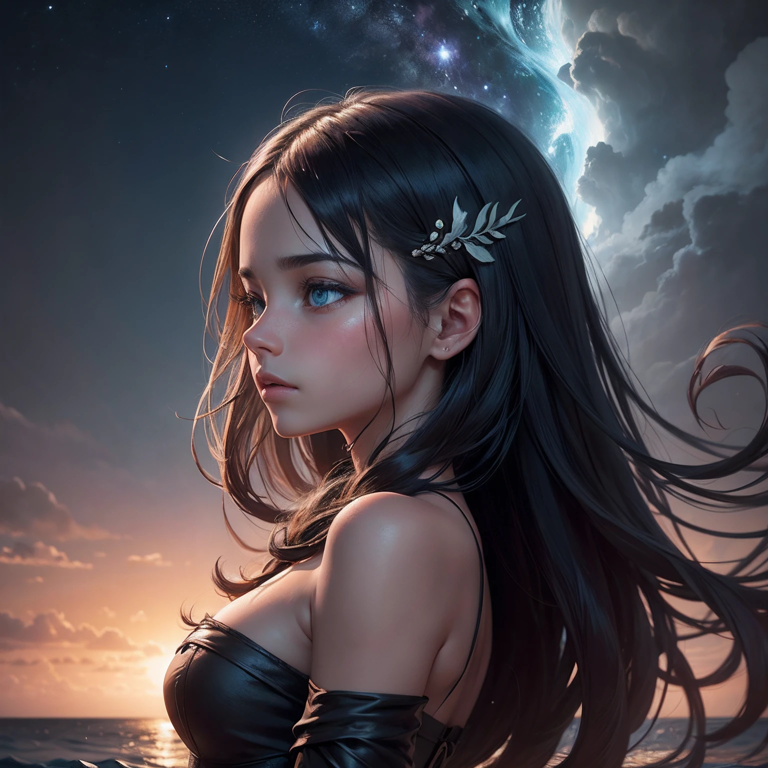 (The silky skin that governs all things in the universe Beautiful eyes, a profile of the sadness of the truth of the sea and the universe, the beauty of lighting that shines far into the distance), RAW photo, Unreal Engine, Octane Rendering, Ultra High Quality, Ultra High Resolution, Surreal, Ultra Precision, Color Correct, Good Lighting Settings, Harmonious Composition, Very Low Noise, Sharp Edges, Award-winning work --auto