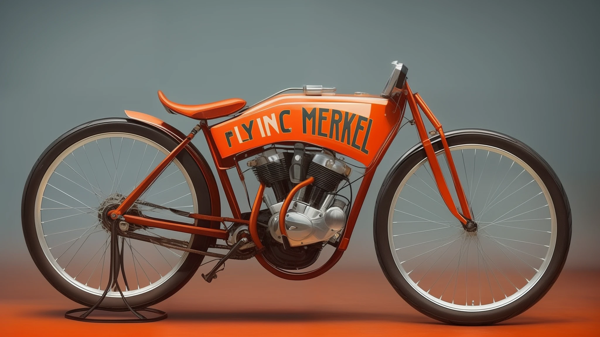 there is a orange motorcycle with a flying merkel on it, 1904, 1 9 0 9, 1 9 1 4, 1914, 1913, 1 9 1 3, 1911, 1910, 1 9 1 0, 1902, 1 9 0 2, 1907