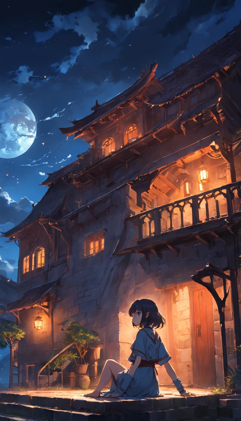 tmasterpiece，best qualtiy，cinematic Film still from，Light，1girll，,exteriors， late， starrysky， in a panoramic view， scenecy， horizon， sitting on rooftop， ventania，Nitpicking，Medieval architecture，whaite hair，Red pupils，adorned in majestic attire