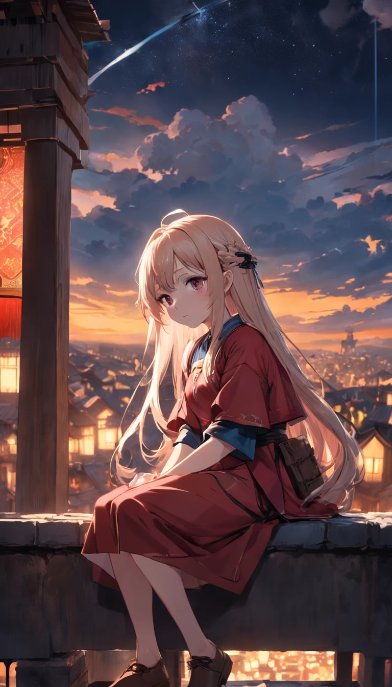 tmasterpiece，best qualtiy，cinematic Film still from，Light，1girll，,exteriors， late， starrysky， in a panoramic view， scenecy， horizon， sitting on rooftop， ventania，Nitpicking，Medieval architecture，whaite hair，Red pupils，adorned in majestic attire