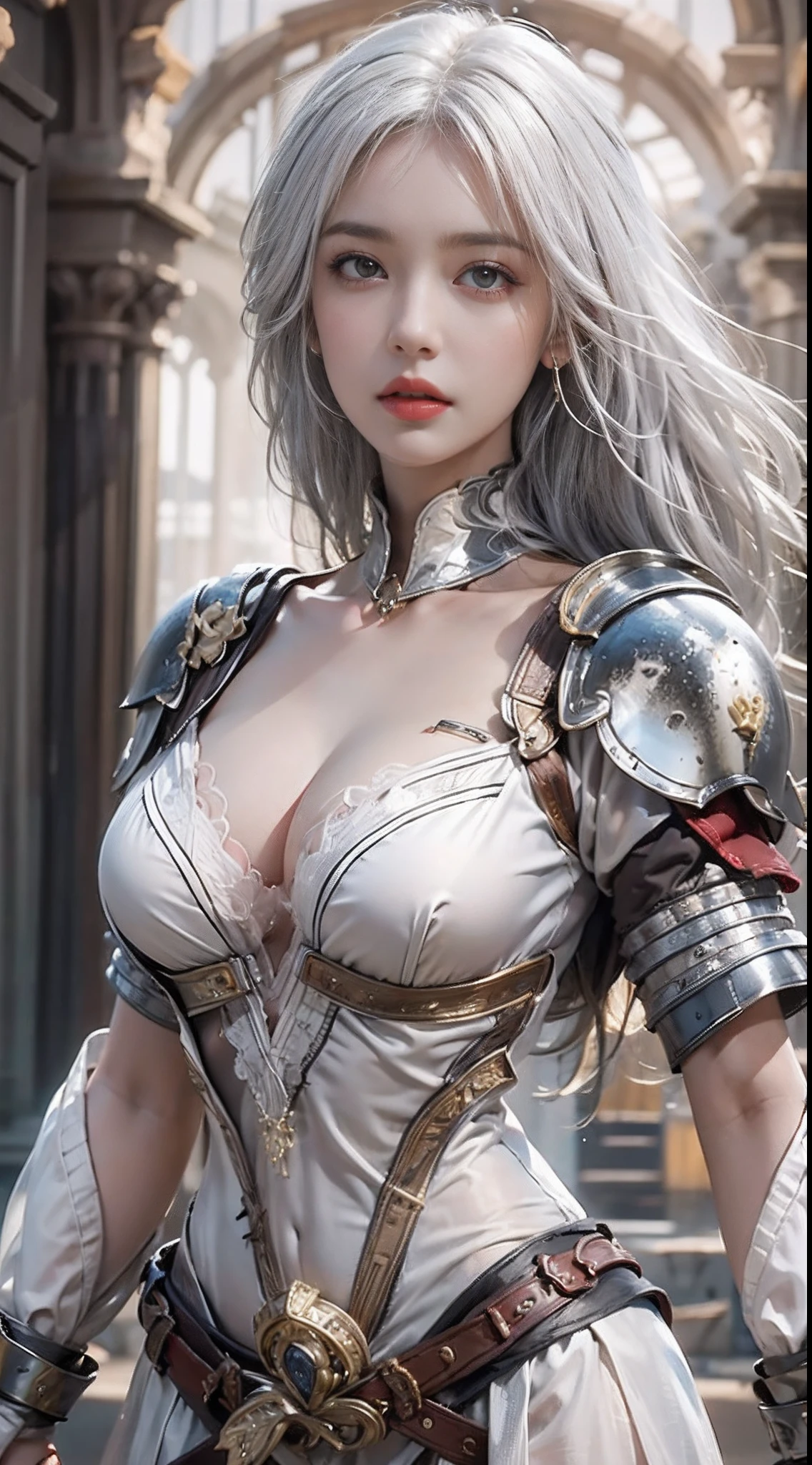 Photorealistic, high resolution, 1womanl, Solo, Hips up, view the viewer, (Detailed face), White hair, Heavy armor, fitness body, jewelry