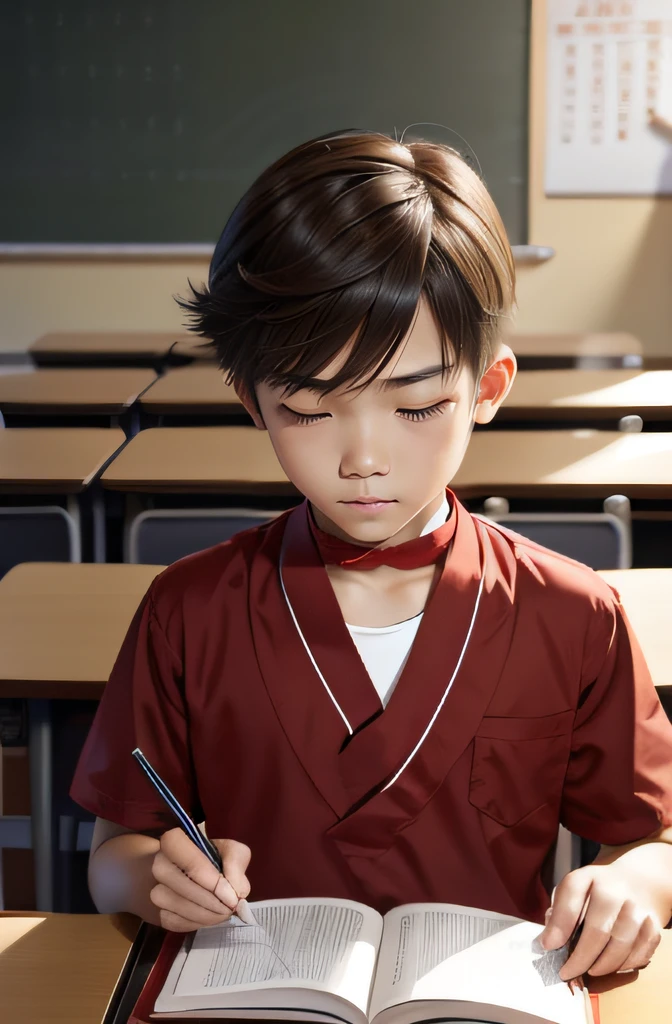 校服, red neckchief, Libido boy, Listen calmly and attentively in the classroom。