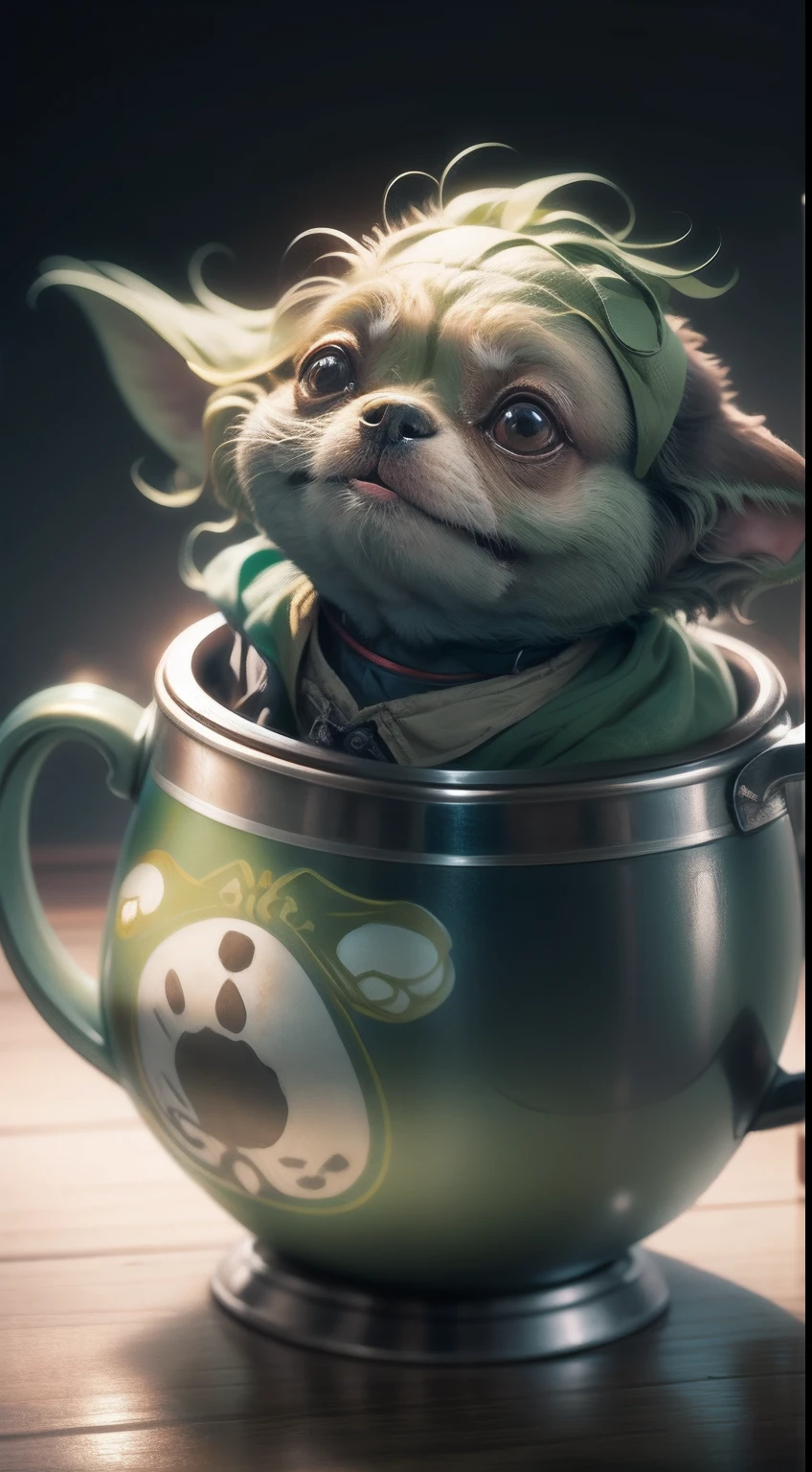 A dog that looks like Yoda is offering a cup of tea