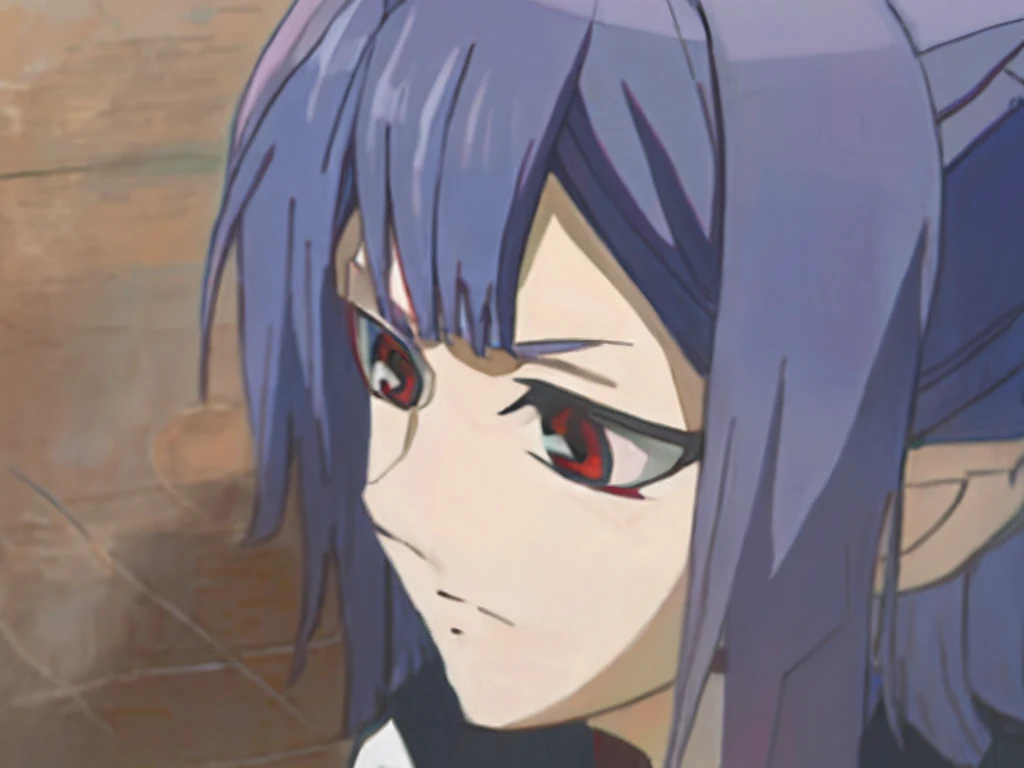 lucy\(cyberpunk\),  By bangs, Purple colored hair, Colored pointed toe, red color eyes, longer sleeves, Medium hair, Facial portrait, O cabelo multicolorido, Hair flying upwards, Bangs separated, (Crazy eyes），opens his eyes wide，Half of the face，with pink hair，sportrait，Red eyeliner，Redlip，独奏，cyber punk perssonage\（series\），Cyberpunk siderunner