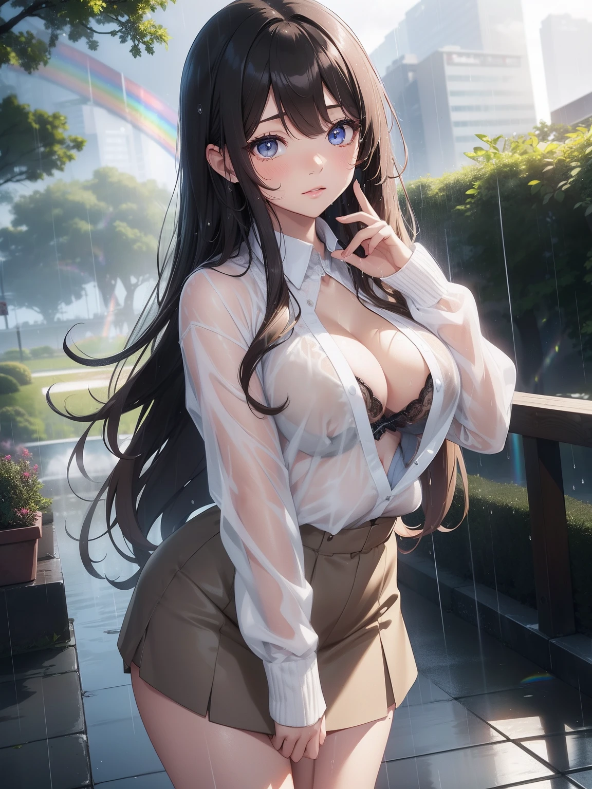 masutepiece, High resolution, 8K, anime woman, Delicate and detailed writing 、Detailed digital illustration、Very long hair and shiny、Bangs、a very beautiful woman、Eyes are double, Large, Bust is D cup、High image quality, High quality、Detailed background、Wearing a student uniform、early evening、rain is falling、Rain-soaked hair、Uniform wet in the rain、The inside of the eye shines like a diamond、Gray gradient pupil、4 fingers, 1 thumb、Detailed female face、I'm embarrassed、Very beautiful and cute woman、、细致背景、​masterpiece、Soft Focus , Bright gradient watercolor , Lens Flare , Glitter , Glow , Dreamy , light brown hair、Wet in the rain, clothes that cling to one's body、(Black bra shows through)、((Heavy rain background))、Beautiful water background、a miniskirt、Nothing at hand、Cover your face with your hands in embarrassment、with blush cheeks、(((Beautiful rainbow on background)))