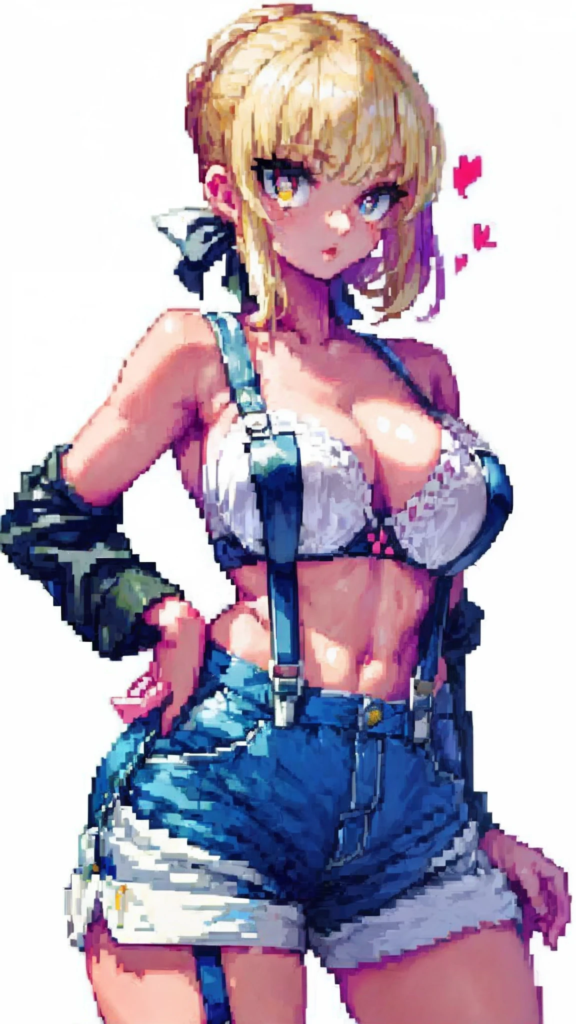 saber,Plain white background，cropped shoulders，White suspenders，Ultra shorts，C cup，stocklings，High detail,Moles under eyes, Heart-shaped pupils，Love pupils，Fleshy thighs,highly rendered，detailed face with