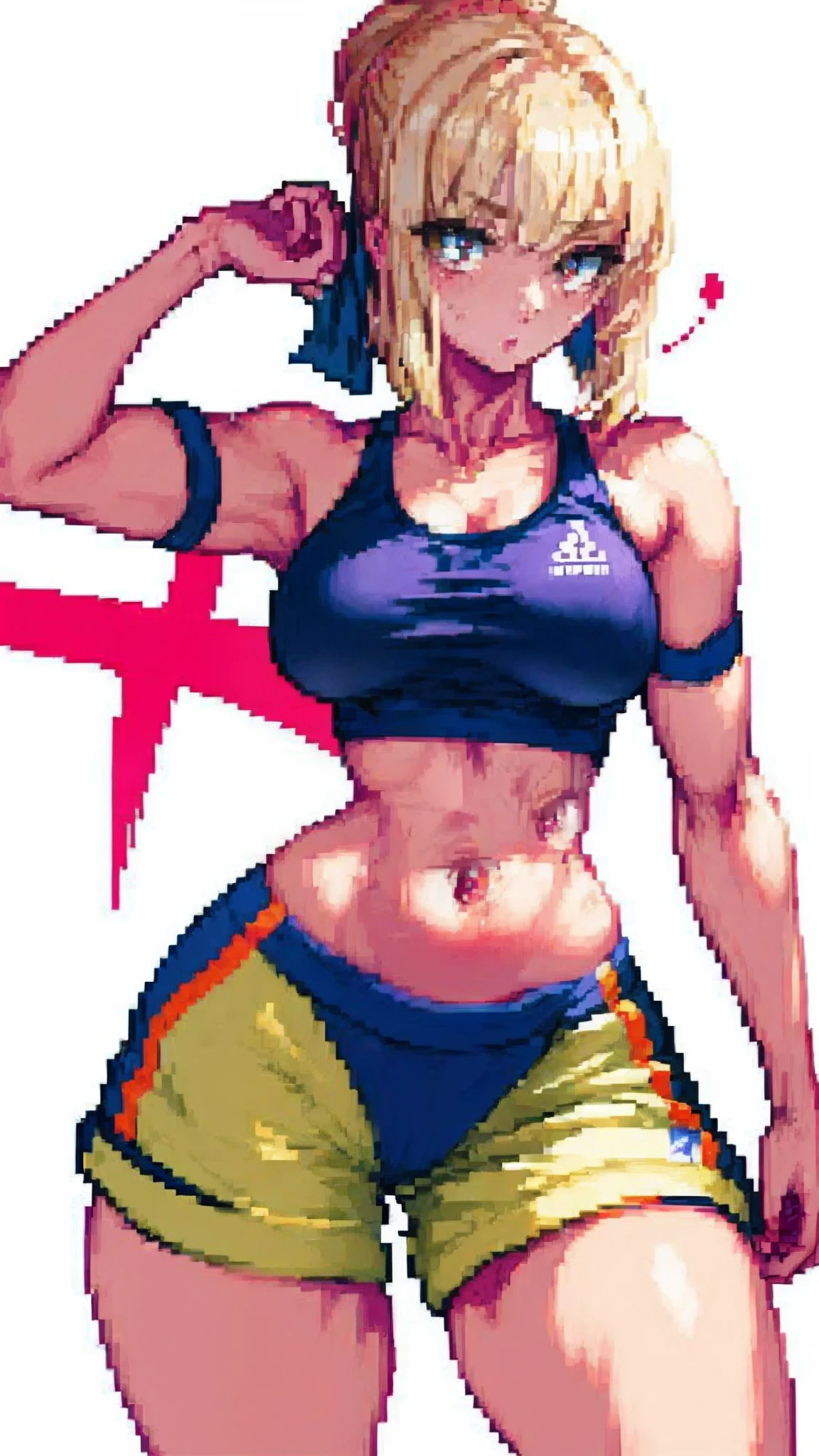saber,Plain white background，cropped shoulders，Gym attire，Yoga Wear，Ultra shorts，C cup，stocklings，High detail,Moles under eyes, Heart-shaped pupils，Love pupils，Fleshy thighs,highly rendered，detailed face with