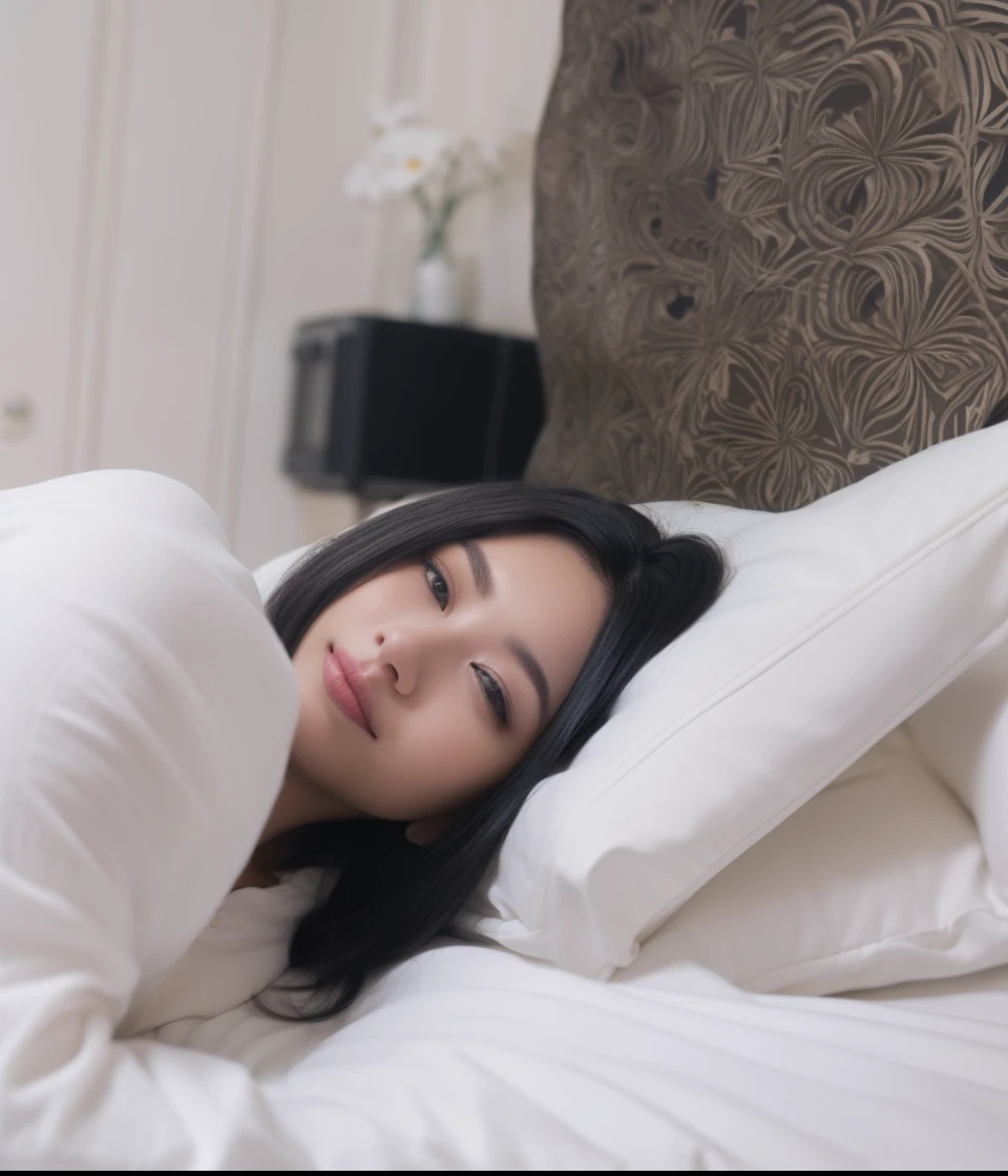A beautiful realistic high detailed skin teenager naked lying in bed with her back up facing the pillow with her face looking sideways I'm on top of her from her back face close up 4k