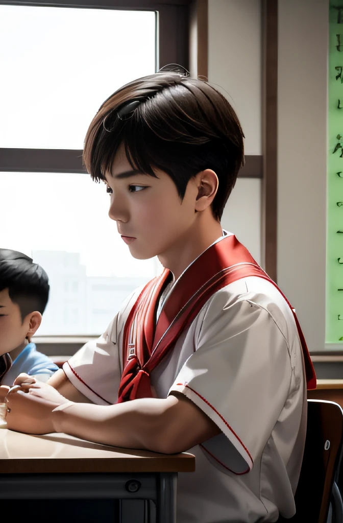 校服, red neckchief, Libido boy, Listen calmly and attentively in the classroom。