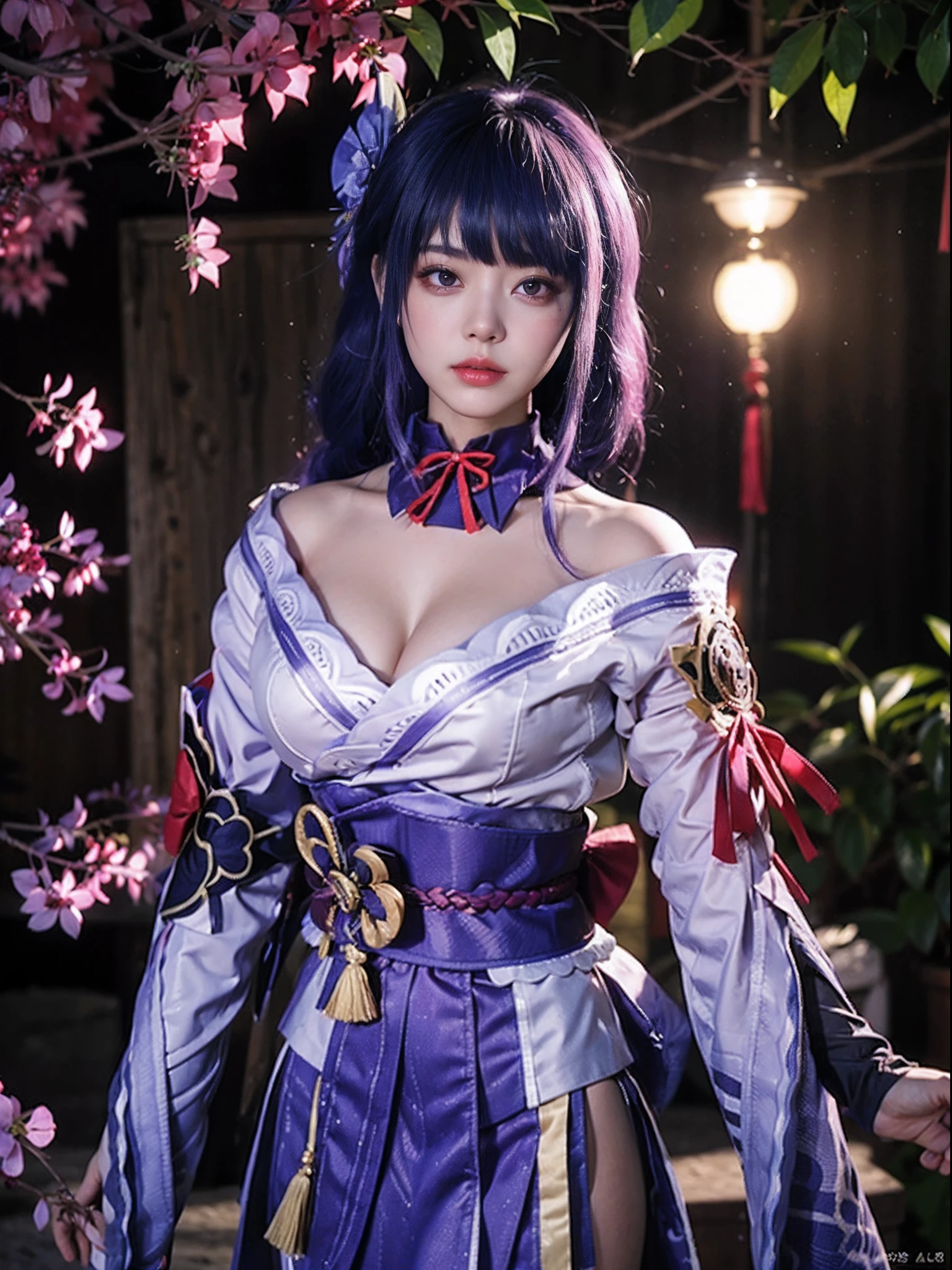 Raiden General Fine clothes White clothes Blunt bangs Braided (mid-chest: 1.4) cleavage Wide sleeve kimono Hair accessories Day clothes (red belt: 1.4) (light purple hair: 1.4) Very long hair, straight hair, delicate face, cold face, (smooth chin: 0.85), looking at the audience, beautiful eyes, detailed eyes, skirt, (sunset: 1.4), from the side, (cherry tree: 1.5), photon mapping, physically based rendering, RAW photos, highly detailed background, (Real photo: 1.35), high resolution, perspective, front, (ulzzang-6500: 0.4)，(((close-up to face))),bright  lighting, front lighting, face shooting