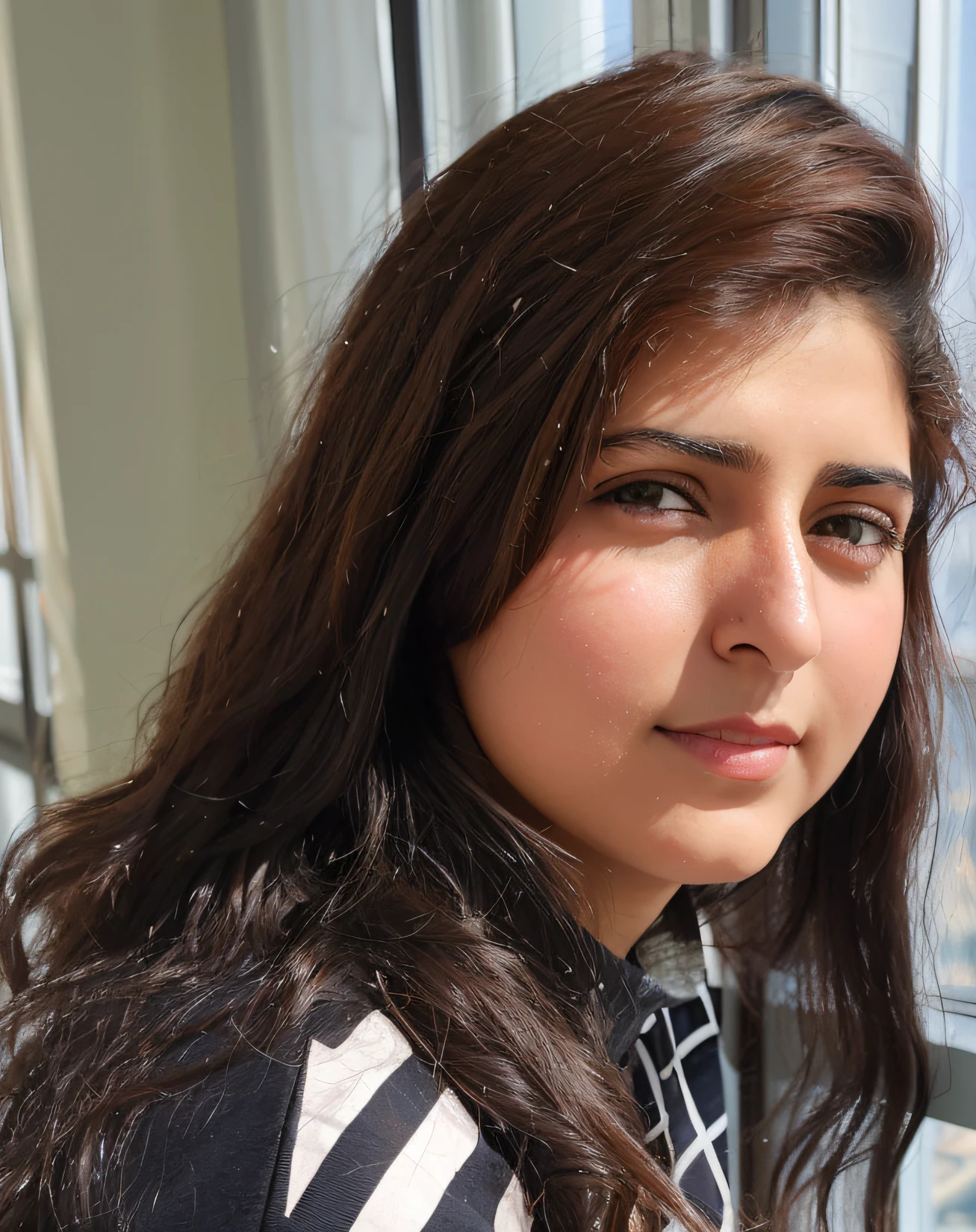 arafed woman with long brown hair looking out of a window, faridah malik, kyza saleem, inspired by Lubna Agha, sara ali, by Riza Abbasi, christina kritkou, ameera al-taweel, captured with sony a3 camera, captured on canon eos r 6, photo taken with nikon d 7 5 0