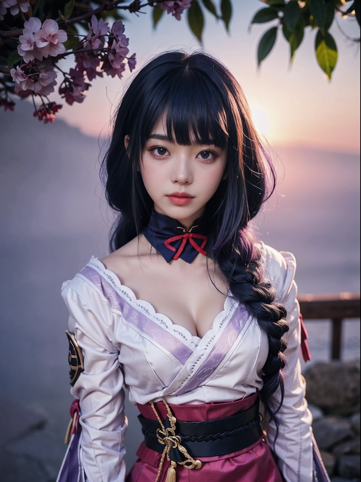 Raiden General Fine clothes White clothes Blunt bangs Braided (mid-chest: 1.4) cleavage Wide sleeve kimono Hair accessories Day clothes (red belt: 1.4) (light purple hair: 1.4) Very long hair, straight hair, delicate face, cold face, (smooth chin: 0.85), looking at the audience, beautiful eyes, detailed eyes, skirt, (sunset: 1.4), from the side, (cherry tree: 1.5), photon mapping, physically based rendering, RAW photos, highly detailed background, (Real photo: 1.35), high resolution, perspective, front, (ulzzang-6500: 0.4),face shooting,(((close-up to face))),bright lighting, front lighting, face shooting