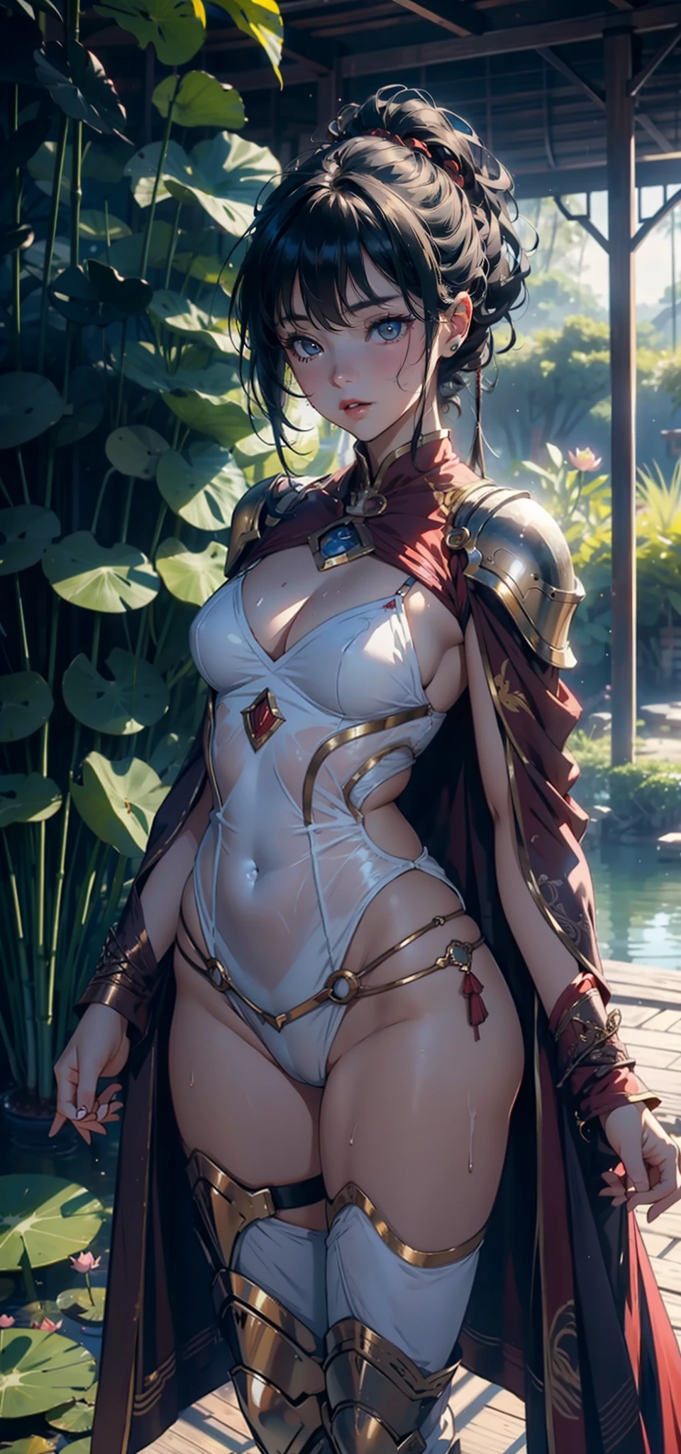 1female,age 5,Small ,Low chest exposure, 独奏,(Background with:bamboo forrest,lotuses,lotus flower,exteriors,Lotus pond) She has short black hair,standing on your feet,Sweat profusely,drenched all over the body,seen from the front, hair straight, mostly cloudy sky,(((tmasterpiece),(Very detailed CG unity 8K wallpaper),best qualtiy,cinmatic lighting,detailed back ground,beatiful detailed eyes,Bright pupils,Black eyes,(Very fine and beautiful),(Beautiful and detailed eye description),ultra - detailed,tmasterpiece,)),facing at camera,A high resolution,ultra - detailed),revealing breasts,Bare genitalia, Bulge,legs are open,Raised sexy,Camel toes,Flushed complexion,Open-mouthed,frontage,king arthur(Wearing:Red cape,Transparent apron,Gold wire embroidery,Armour,Iron Man uniform,cyber punk style)