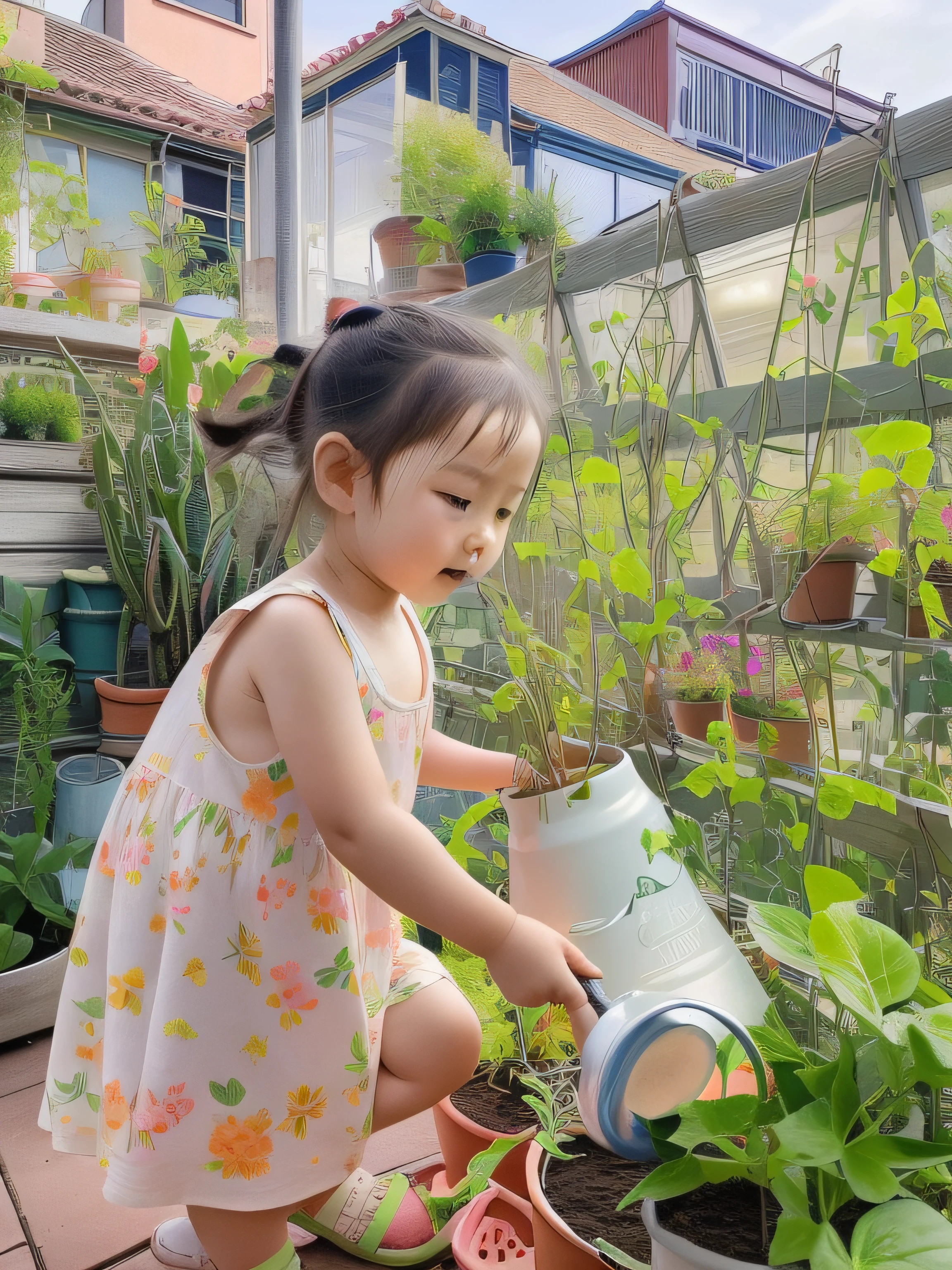 there is a  girl that is watering some plants in a pot, adorned with all kind of plants, with a garden, the city is full of green plants, watering can, in garden, with ivy, young asian girl, in the garden, hand - drawn, hand-drawn, pouring, garden at home, gardening, 2 years ited water plants