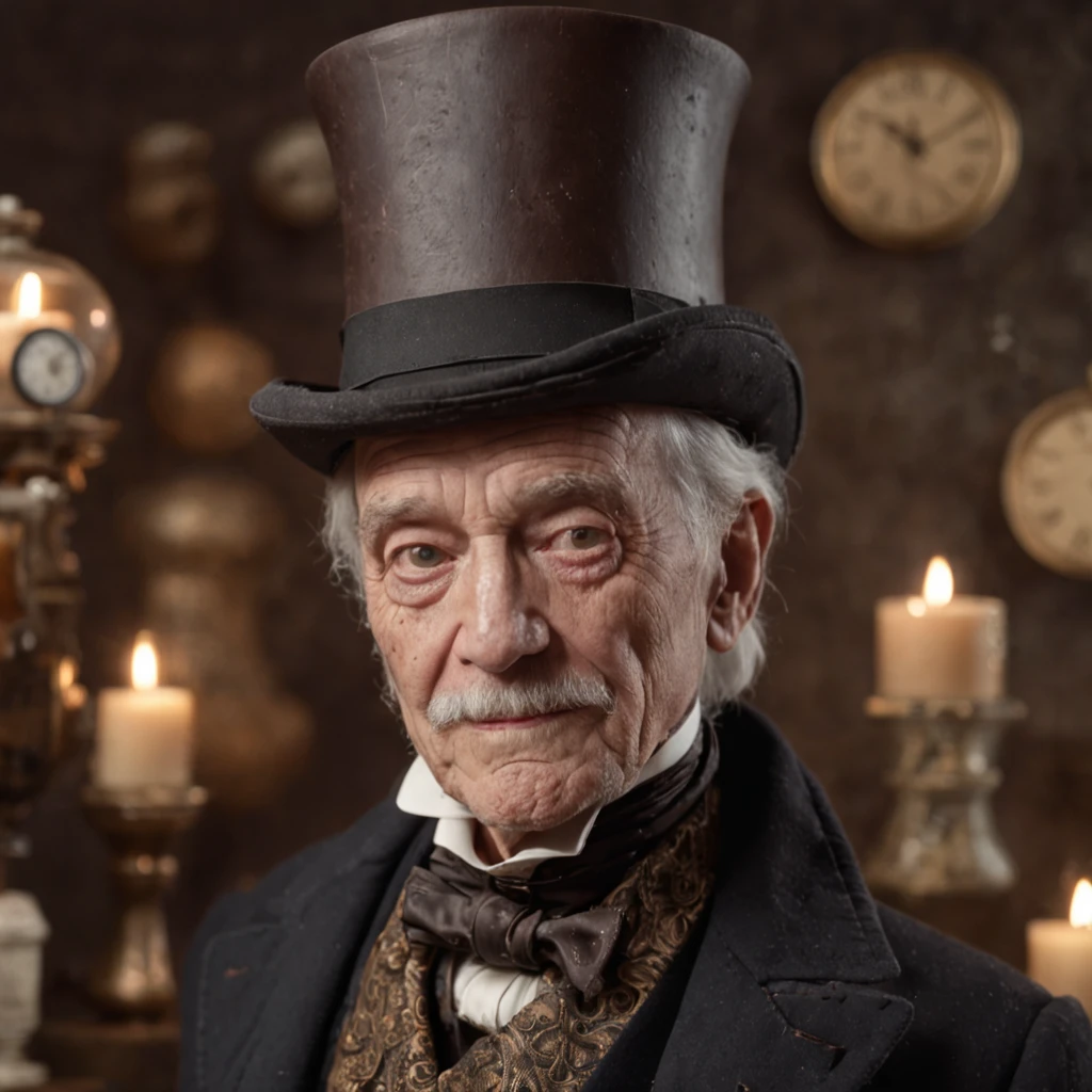 In the old pharmacy，The old man who grabbed the medicine，With a smile on his face。His deep pupils shone with a river of stars。The background is the medicine cabinet，They present the pleasures of steampunk style and Cybertron art。