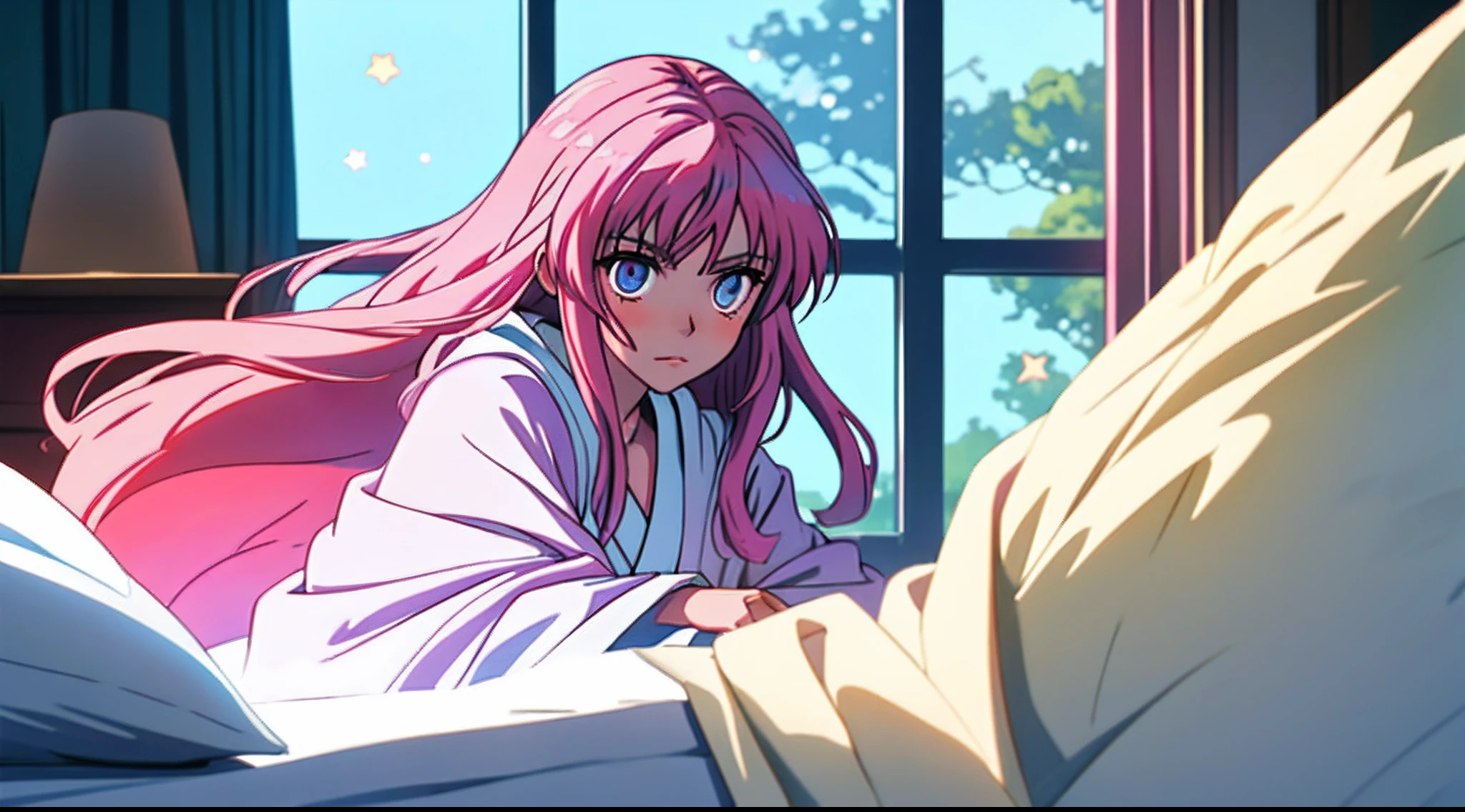 Pink hair，Sapphire eyes，There are stars in the eyes，Long hair spread behind him，Wearing a white witch's robe，In the bedroom illuminated by dusk，schoolgirls，Two-dimensional anime