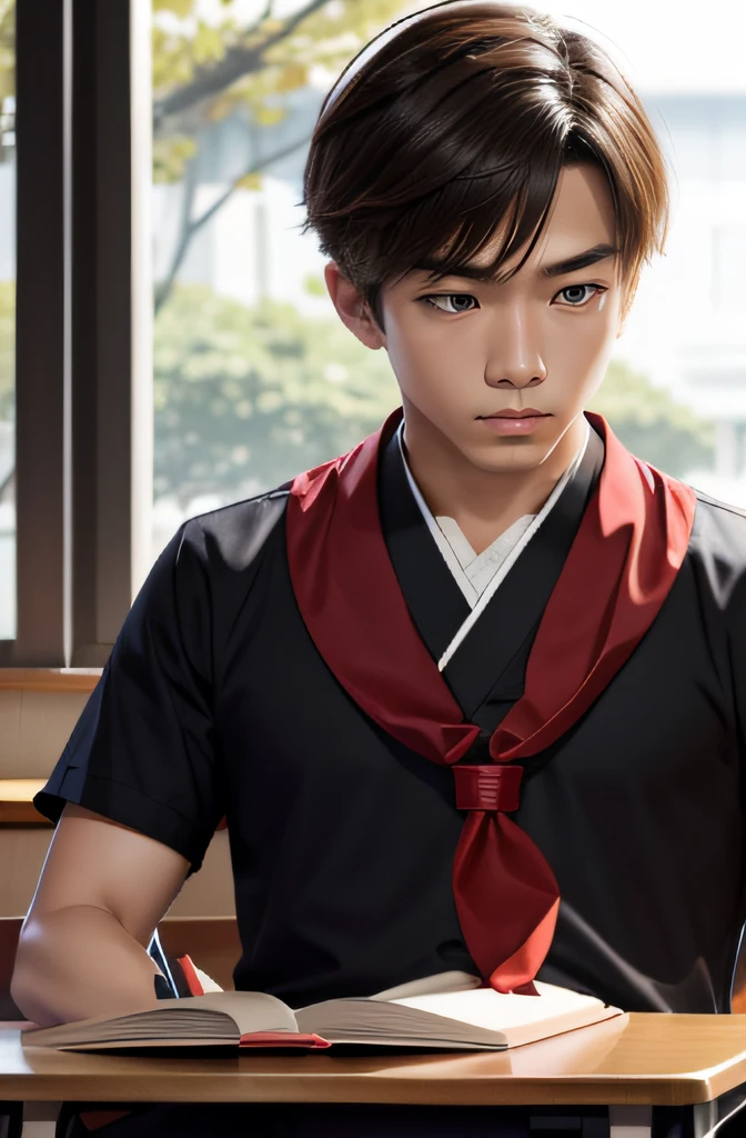 校服, red neckchief, Libido boy, Listen calmly and attentively in the classroom。