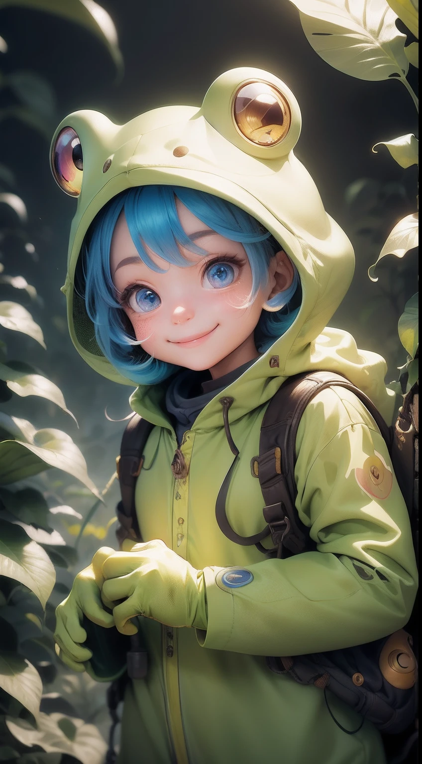 colorful illustrations, Frogs as humanoids, A warm and friendly smile lit up his face. His eyes were bright,Full of curiosity, Reflecting his playful and adventurous nature.