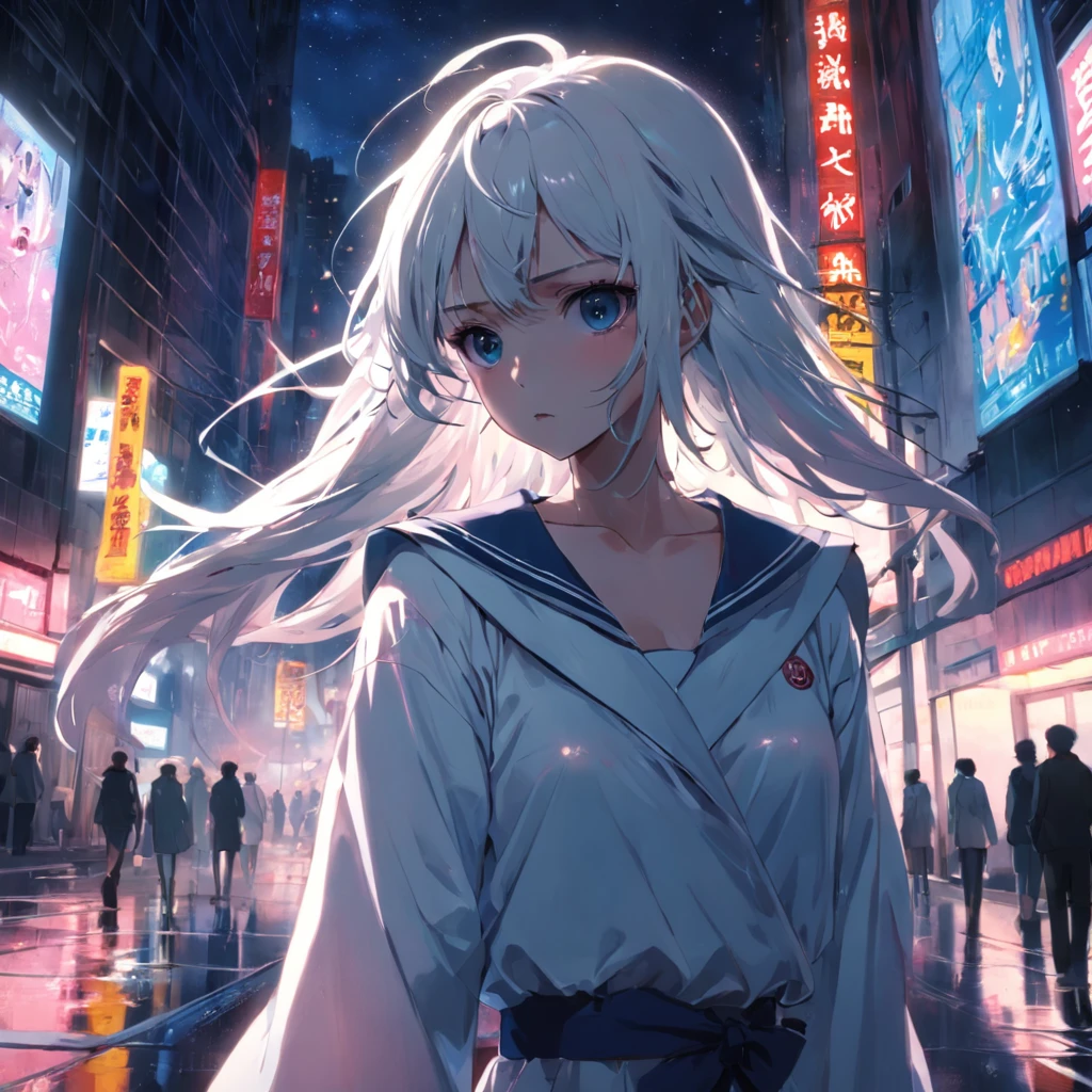 tmasterpiece，best qualtiy，cinematic Film still from，1girl，Sailor suit girl，Walk the streets，closeup cleavage，dimly lit，sorrowful，Miserable white light，the night