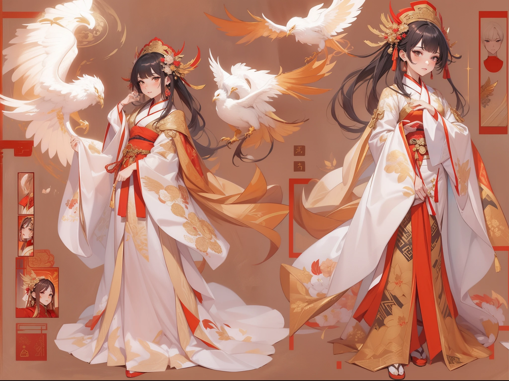 ((Masterpiece, Highest quality)), Detailed face, CharacterDesignSheet， full bodyesbian, Full of details, Multiple poses and expressions, Highly detailed, Depth, Many parts，beuaty girl，lacepantyhose, High Balance, Natural light, Phoenix decoration，Red and gold hanfu，Auspicious clouds