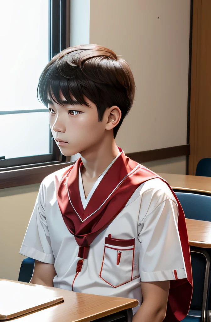 校服, red neckchief, Libido boy, Listen calmly and attentively in the classroom。