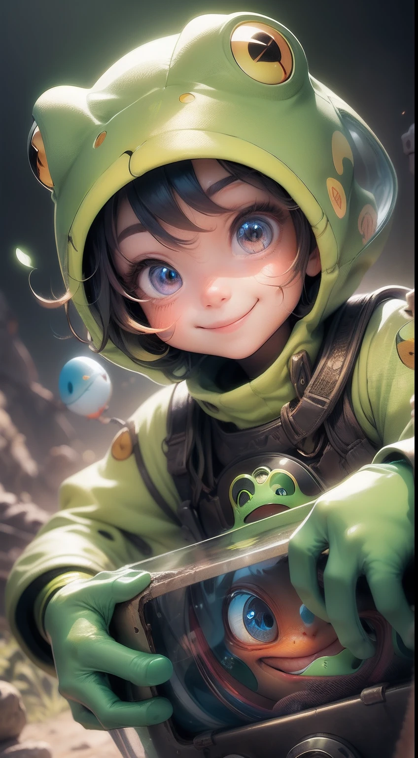 colorful illustrations, Frogs as humanoids, A warm and friendly smile lit up his face. His eyes were bright,Full of curiosity, Reflecting his playful and adventurous nature.