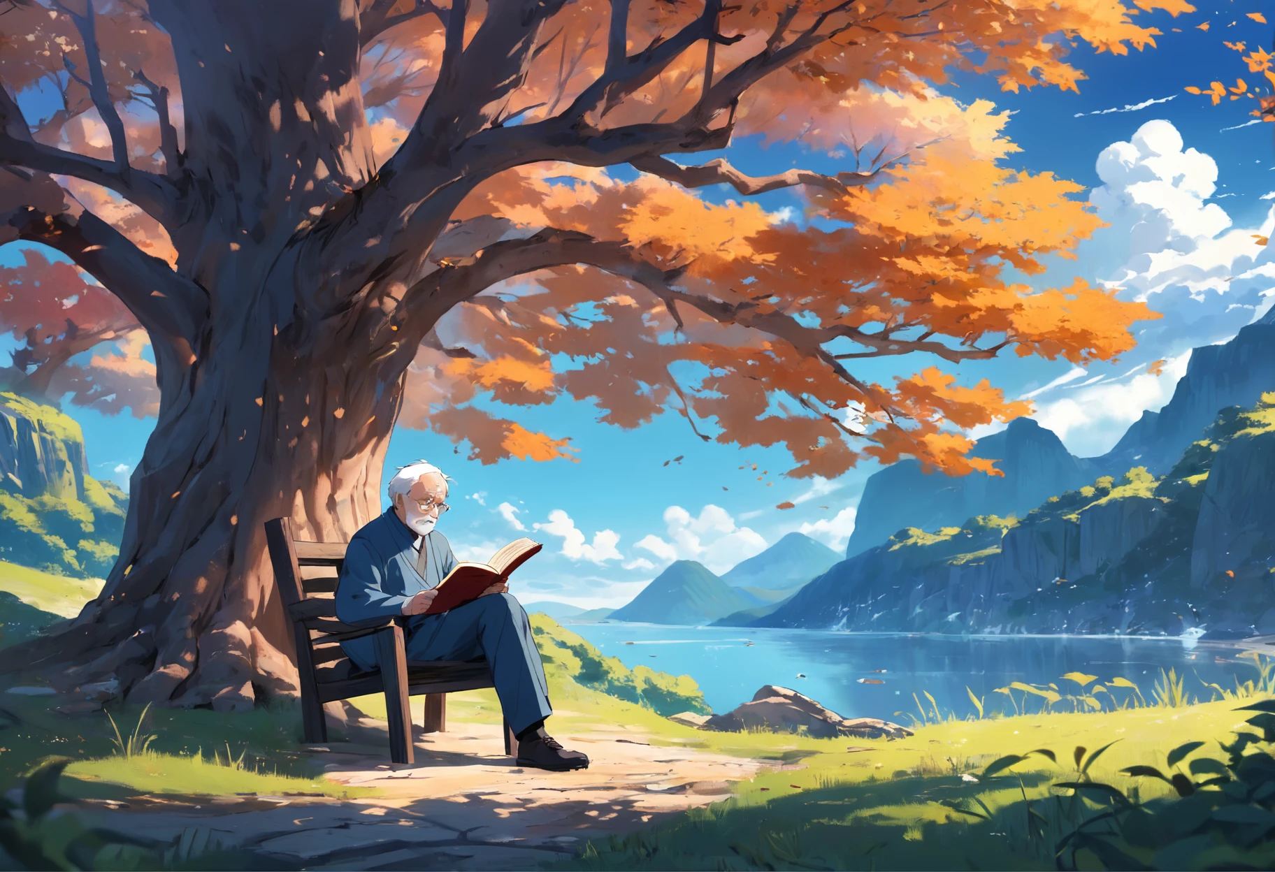 Old man reading under a tree,Sit in an IKEA style chair，clear scenery, Picturesque view，8K, Calapixar Law